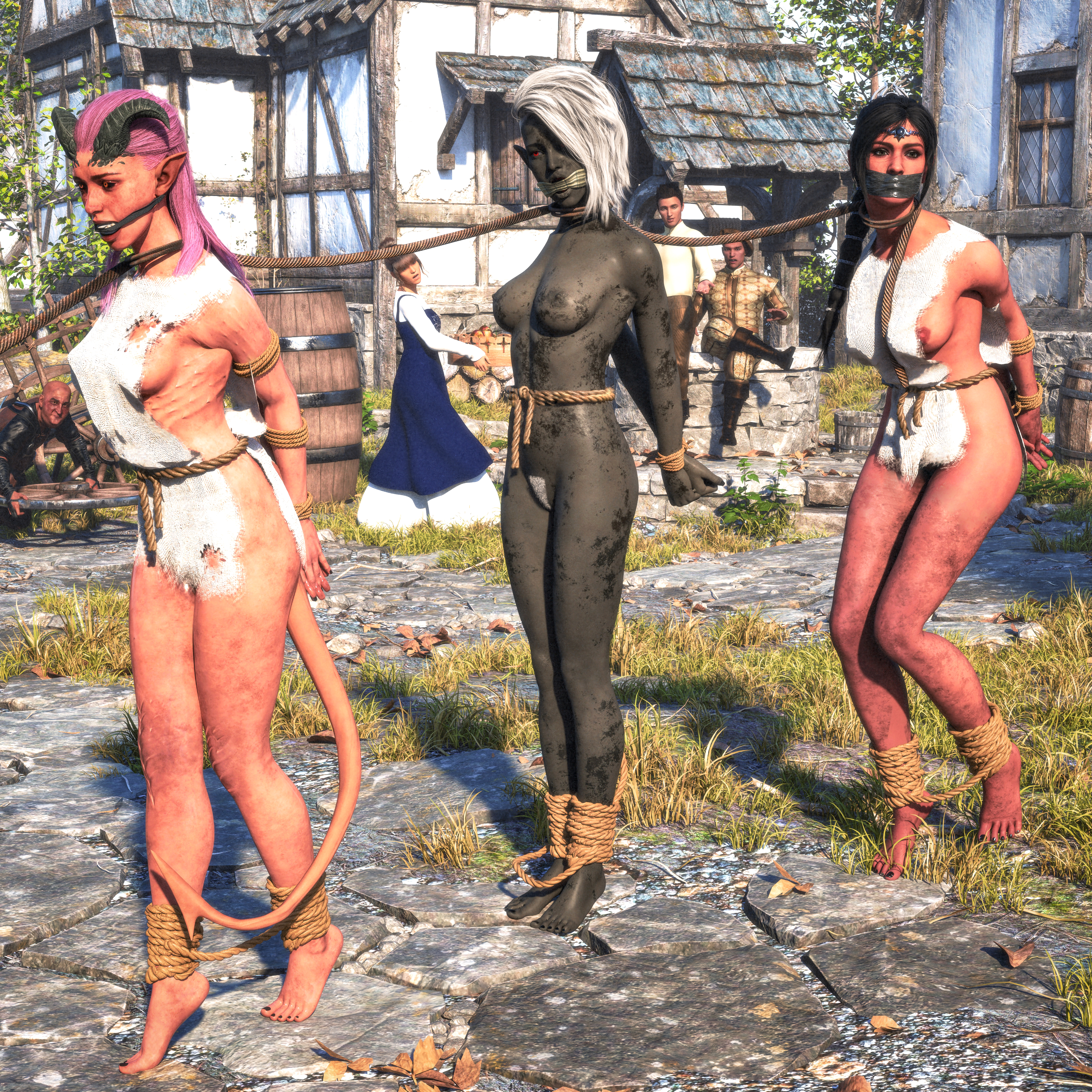 3d, 3girls, arms behind back, baldur's gate, baldur's gate 3, barefoot, black hair, bondage, bound together, breasts, captured, coffle, drow, elf, female, femsub, gag, gagged, green eyes, multiple girls, multiple subs, nadira, pejack, pointy ears, shadowheart, shadowheart (baldur's gate), slave, slave auction, slave outfit, slave raid, tiefling