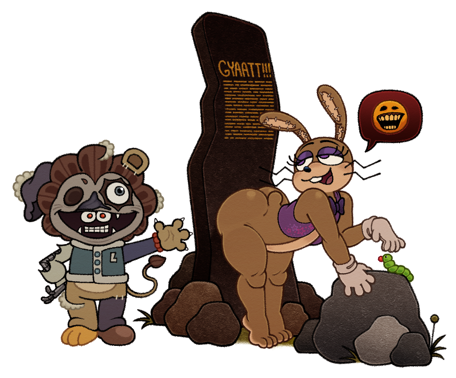 2024 am_(ihnmaims) animatronic anthro arthropod artificial_intelligence ass ass_up bent_over big_butt bow_tie brown_body bubble_butt buckteeth caterpillar claws clothed clothing digital_media_(artwork) emoji english_text eyeliner felid femboy five_nights_at_freddy's five_nights_at_freddy's:_help_wanted five_nights_at_freddy's:_security_breach gesture glitchtrap gloves group handwear i_have_no_mouth_and_i_must_scream insects lagomorph larva leporid lion looking_at_viewer looking_back machine makeup male mammal mascara multicolored_body nanocorpx no_underwear pantherine pantsless presenting presenting_hindquarters purple_clothing purple_eyes rabbit robot rock scut_tail seam_(sewing) short_tail simple_background smug speech_bubble stitch_(sewing) tail tail_tuft teeth text the_mimic_(fnaf) tiptoes topwear trio tuft two_tone_body vest waving whiskers white_background white_clothing white_gloves white_handwear