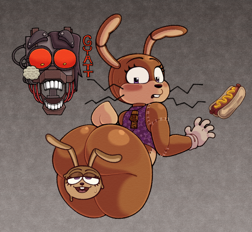 anthro ass blush bodily_fluids bottomless brown_body buckteeth butt_focus censored clothed clothing colored digital_drawing_(artwork) digital_media_(artwork) duo embarrassed endoskeleton eyelashes femboy five_nights_at_freddy's five_nights_at_freddy's:_help_wanted fnaf_vr_help_wanted food glitchtrap hot_dog humor lagomorph leporid looking_back male mammal multicolored_body mustard nanocorpx no_underwear patchwork_creature purple_eyes rabbit rabbit_ears scut_tail shaded short_tail simple_background stitch_(sewing) stitched_body surprised_expression sweat sweatdrop tail teeth topwear two_tone_body vest whiskers zipper