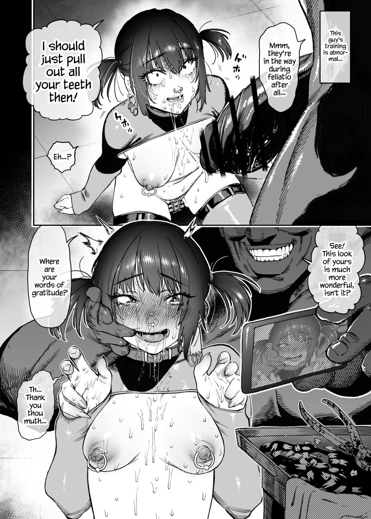 1futa, 2boys, blush, blushing, bondage, chastity cage, chastity device, collar, comic, comic page, dark-skinned male, degradation, dialogue, dominant, domination, doujinshi, ear piercing, english, english dialogue, english text, horieros, humiliated, humiliating, humiliation, light-skinned futa, light-skinned male, male, muscular male, nipple piercing, no teeth, nose piercing, penis, penis size difference, rape, selfie, slave, small penis, smile, smiling, taking picture, taking selfie, teeth removal, torture, trans woman