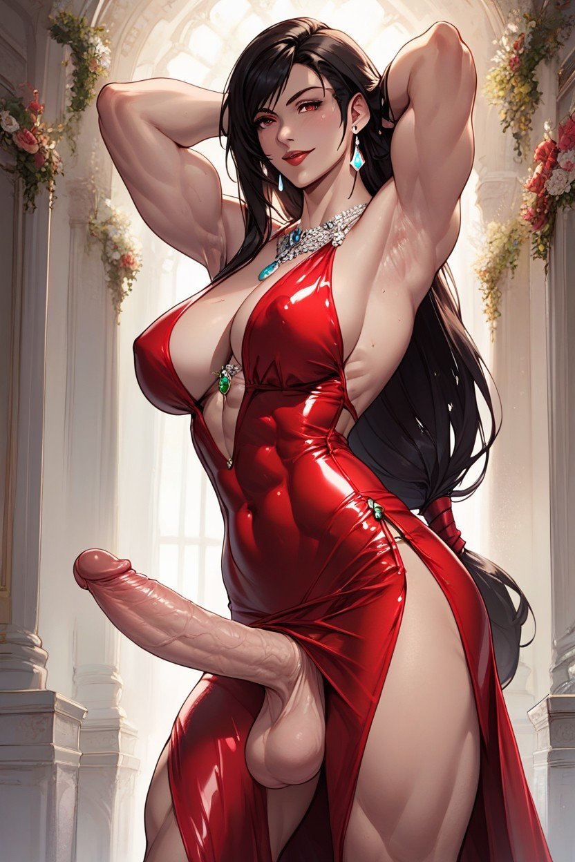 abs, ai generated, armpits, dress, elegant, erection, final fantasy, final fantasy vii, futa only, futanari, intersex, jewelry, lazza95, muscular, muscular futa, solo, tifa lockhart