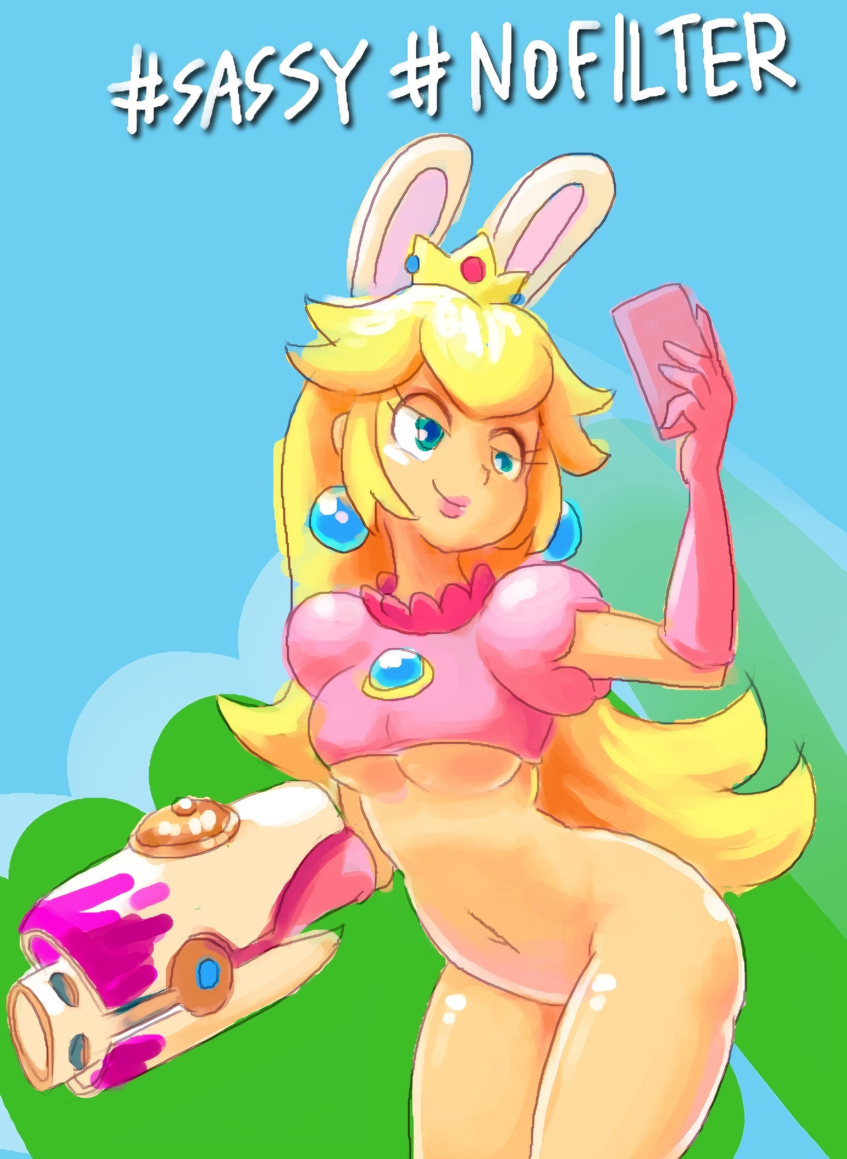 1girls, arm cannon, blonde hair, blue eyes, bottomless, crown, earrings, female, female focus, female only, hashtag, mario (series), mario + rabbids, minus8, phone, princess peach, rabbid peach, solo, tagme, tight clothing, weapon