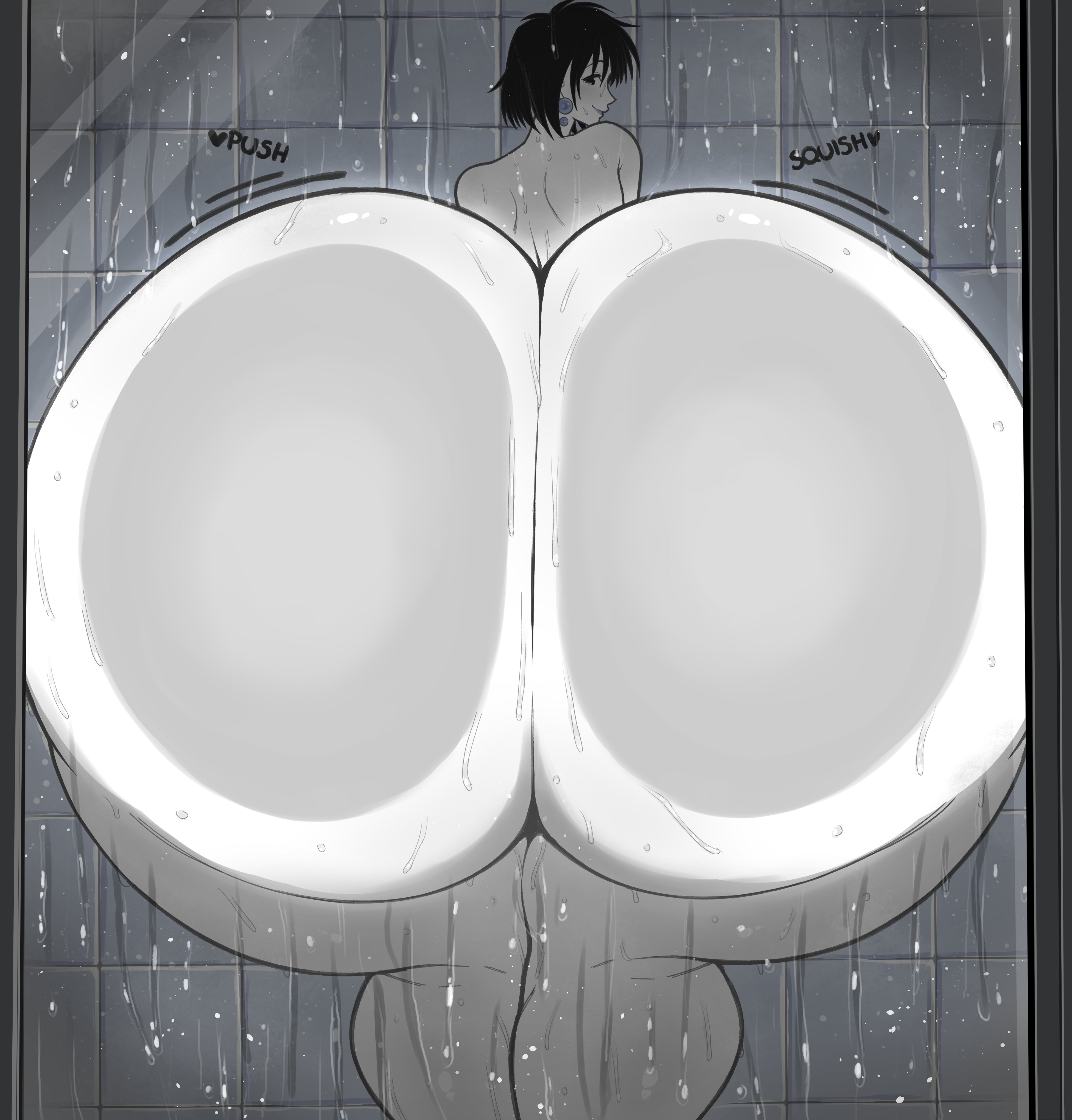1girls, against glass, ass, ass body, back view, bare shoulders, black hair, bubble ass, bubble butt, completely nude, completely nude female, earrings, female, female only, foreshortening, from behind, gigantic ass, gigantic butt, glass, huge ass, huge butt, hyper ass, inviting, kagerou (rekka no honoo), light skin, light-skinned female, looking at viewer, looking back, motion lines, naked, naked female, nude, nude female, pressed against, rekka no honoo, short hair, shower, showering, smile, solo, solo female, sound effects, steam, steaming body, text, thanuki, thanukiart, thick thighs, tile wall, tiles, water, water drop, wet, wet ass, wide hips