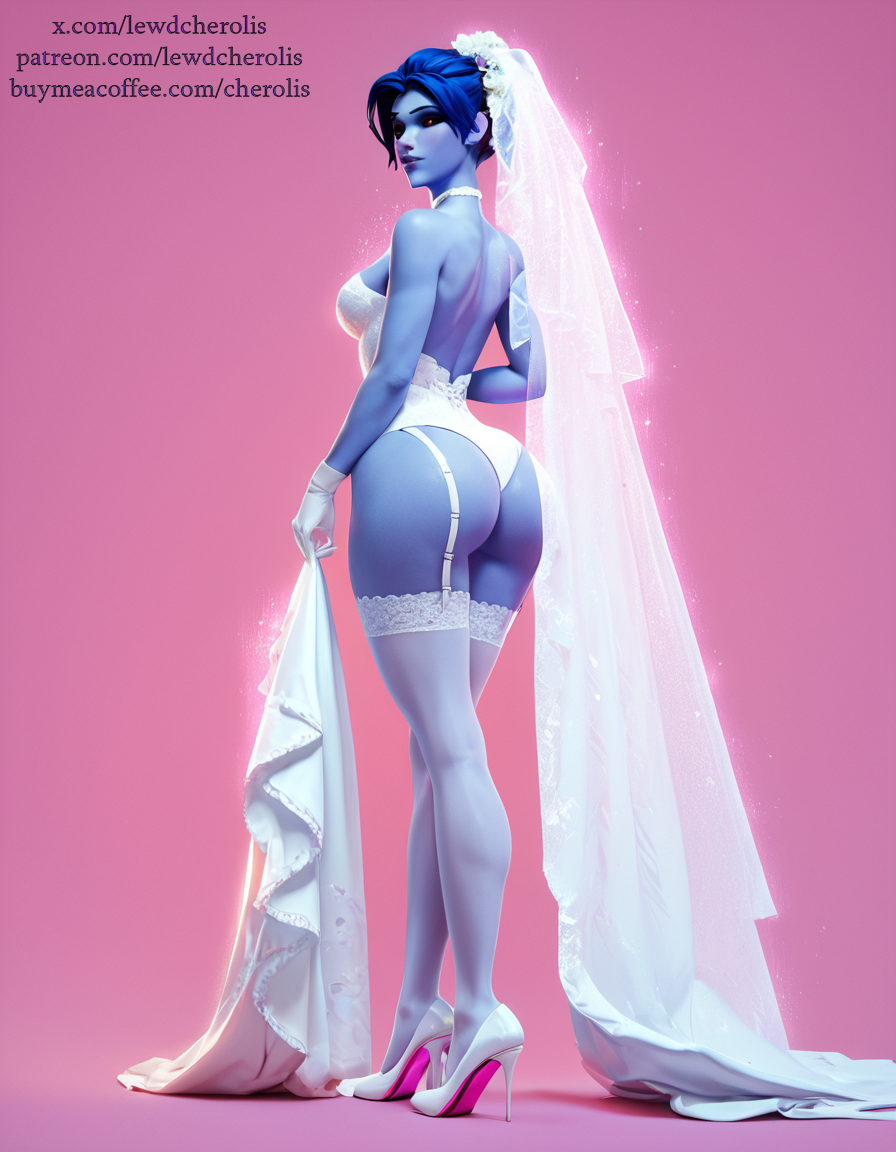 1girls ai_generated bare_shoulders big_ass big_butt blizzard_entertainment blue_skin breasts bridal_veil bride bride_veil choker female garter_straps heels high_heels lewdcherolis looking_at_viewer overwatch overwatch_2 purple_hair solo stockings tights wedding_dress wedding_lingerie wedding_veil white_dress white_gloves white_lingerie white_stockings widowmaker