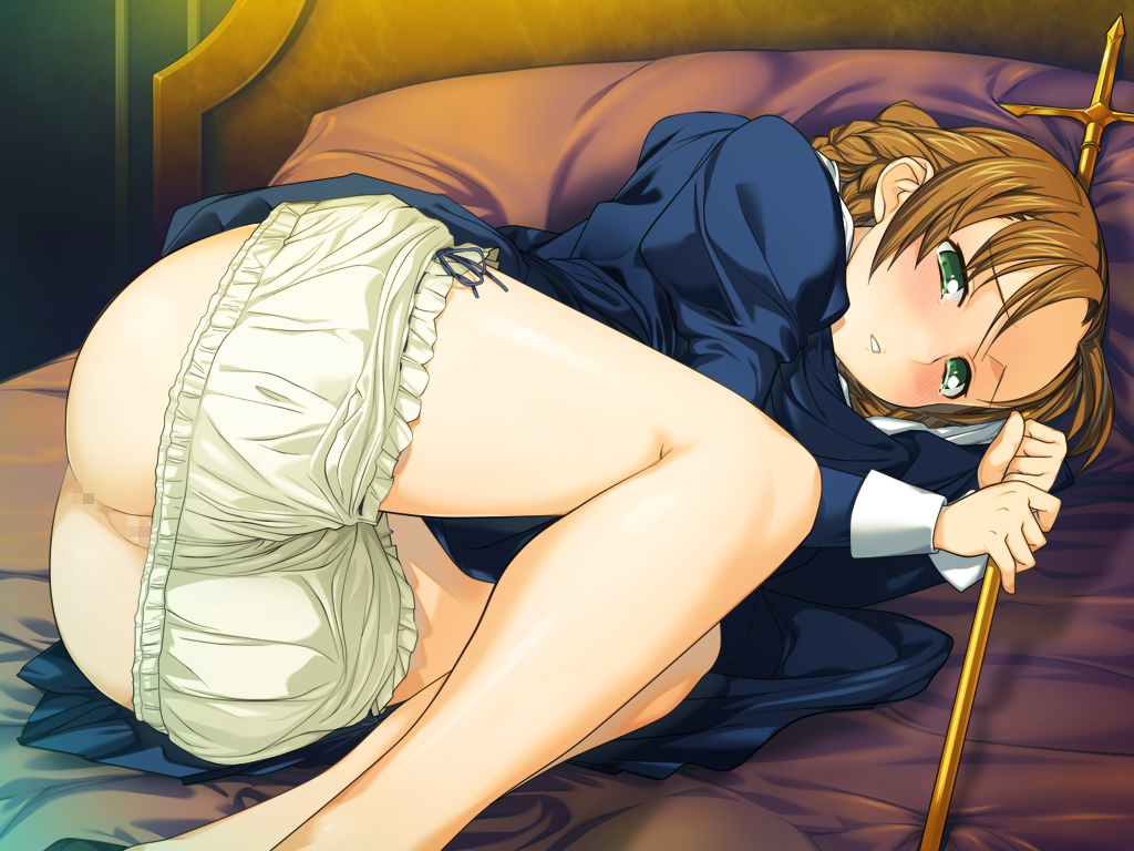 anus ass bed blush braid brown_hair censored clothing cross female game_cg green_eyes long_hair lying nun open_mouth orion_(orionproject) panties partial_nudity partially_clothed presenting pussy rance_(series) rance_quest sel_curtigolf sheets solo tear underwear