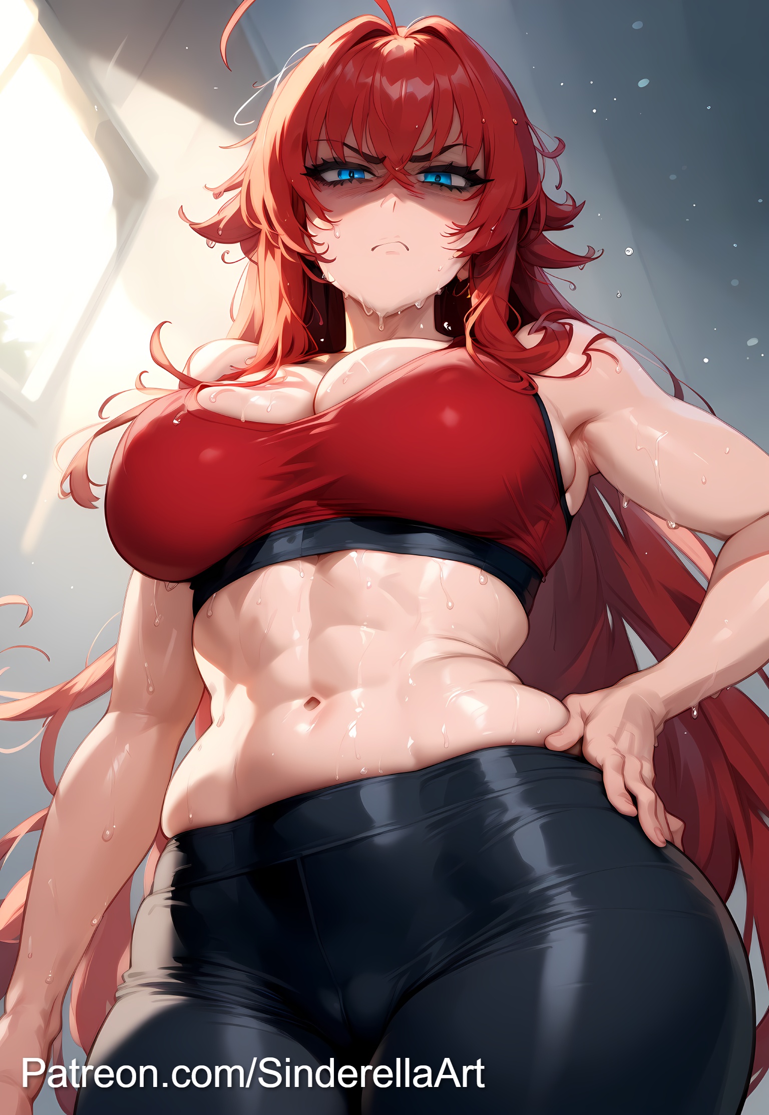 ai generated, ass, breasts, busty, commission, female, female only, gym, high school dxd, large ass, large breasts, latex leggings, patreon, patreon url, patreon username, pissed off, rias gremory, sinderellaart, sports bra, thick, thick legs, thick thighs, voluptuous
