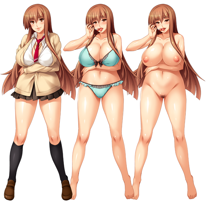 blush bra breasts brown_eyes brown_hair cleavage erect_nipples footwear gyaru large_breasts lingerie lollipop long_hair mario_(artist) miho_(sei_yariman_gakuen_enkou_nikki) naughty_face navel necktie nipples nude orcsoft panties plump pubic_hair school_uniform sei_yariman_gakuen_enkou_nikki shoes skirt smile socks tongue underwear white_background