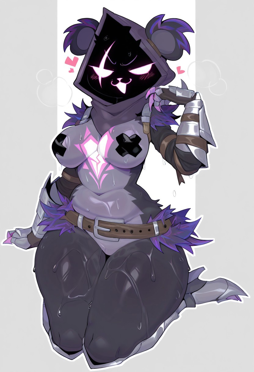 2025, ai generated, anthro, belt, bodily fluids, breasts, clothed, clothing, epic games, eye scar, facial scar, fecharis, female, fortnite, fur, glowing eyes, grey body, heart, hellsonger, hi res, kneeling, looking at viewer, machine, mammal, navel, pasties, raven team leader, scar, simple background, solo, sweat, tape, thick thighs, wide hips