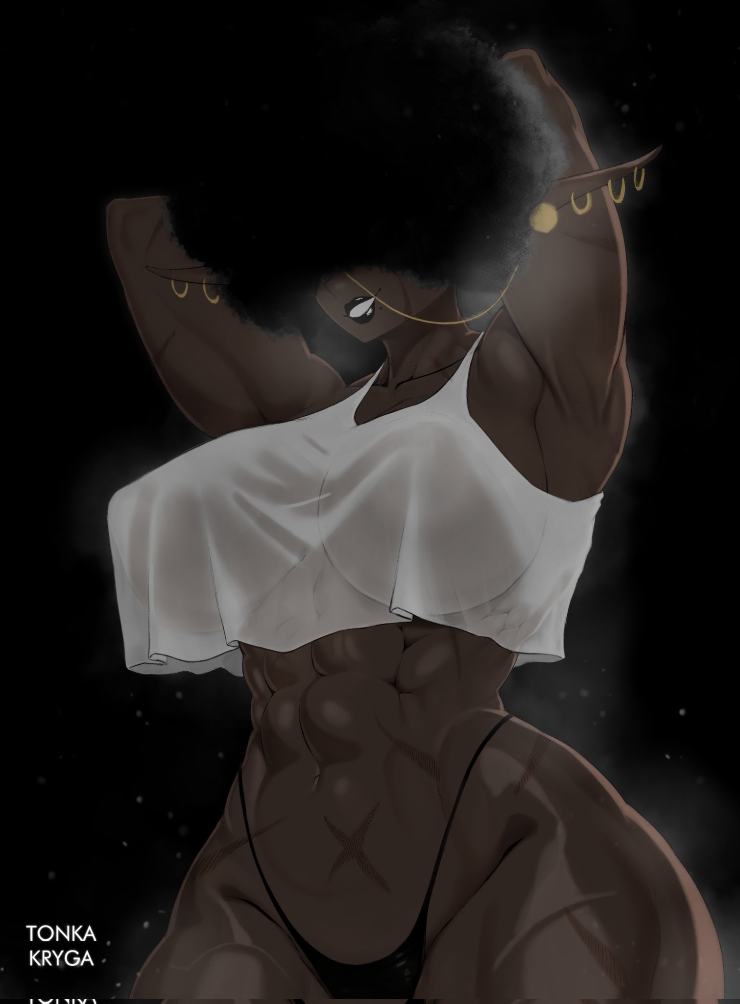 1girls, abs, afro, arms behind head, bahaal (jinn hunter), big breasts, breasts, color, color edit, colored, dark skin, dark-skinned female, earrings, edit, edited, female, gonzalo costa, huge breasts, jinn hunter, large breasts, muscles, muscular, muscular female, muslim, muslim female, nipples, pointy ears, pubic hair, steam, thick thighs, thighs, tonka kryga, wide hips