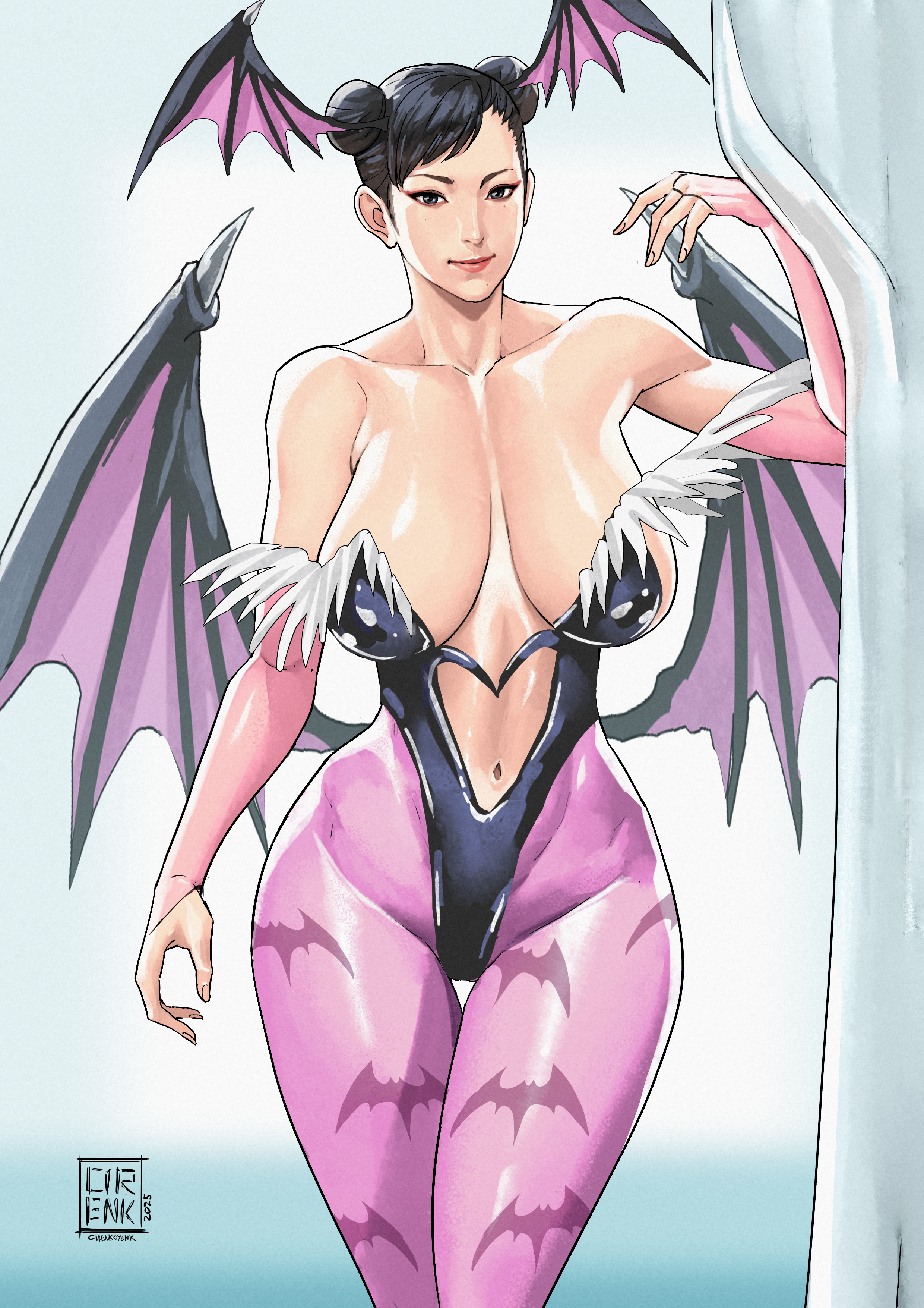 1girls, alternate version available, asian, asian female, big breasts, black eyes, black hair, breasts, chun-li, cirenk, cleavage, cosplay, darkstalkers, double bun, female, female only, head wings, hourglass figure, huge breasts, large breasts, milf, morrigan aensland (cosplay), street fighter, street fighter 6, thick thighs, twin buns, voluptuous, wide hips, wings