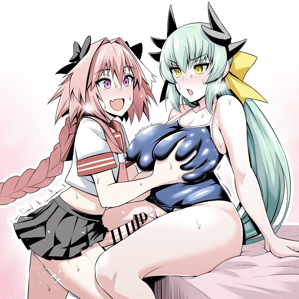 1boy 1girls ankoman astolfo_(fate) big_breasts big_penis blush breast_grab breasts cheating cheating_servant cheating_whore covered_nipples crossdressing cucked_by_femboy erection fate/grand_order fate_(series) female femboy femboy_on_female femboydom grabbing grabbing_another's_breast grabbing_breasts green_hair groping groping_breasts hung_femboy hung_trap kiyohime_(fate/grand_order) male male/female netorare ntr one-piece_swimsuit penis pink_hair sailor_uniform school_uniform sitting skirt straight sweat swimsuit tagme thighhighs