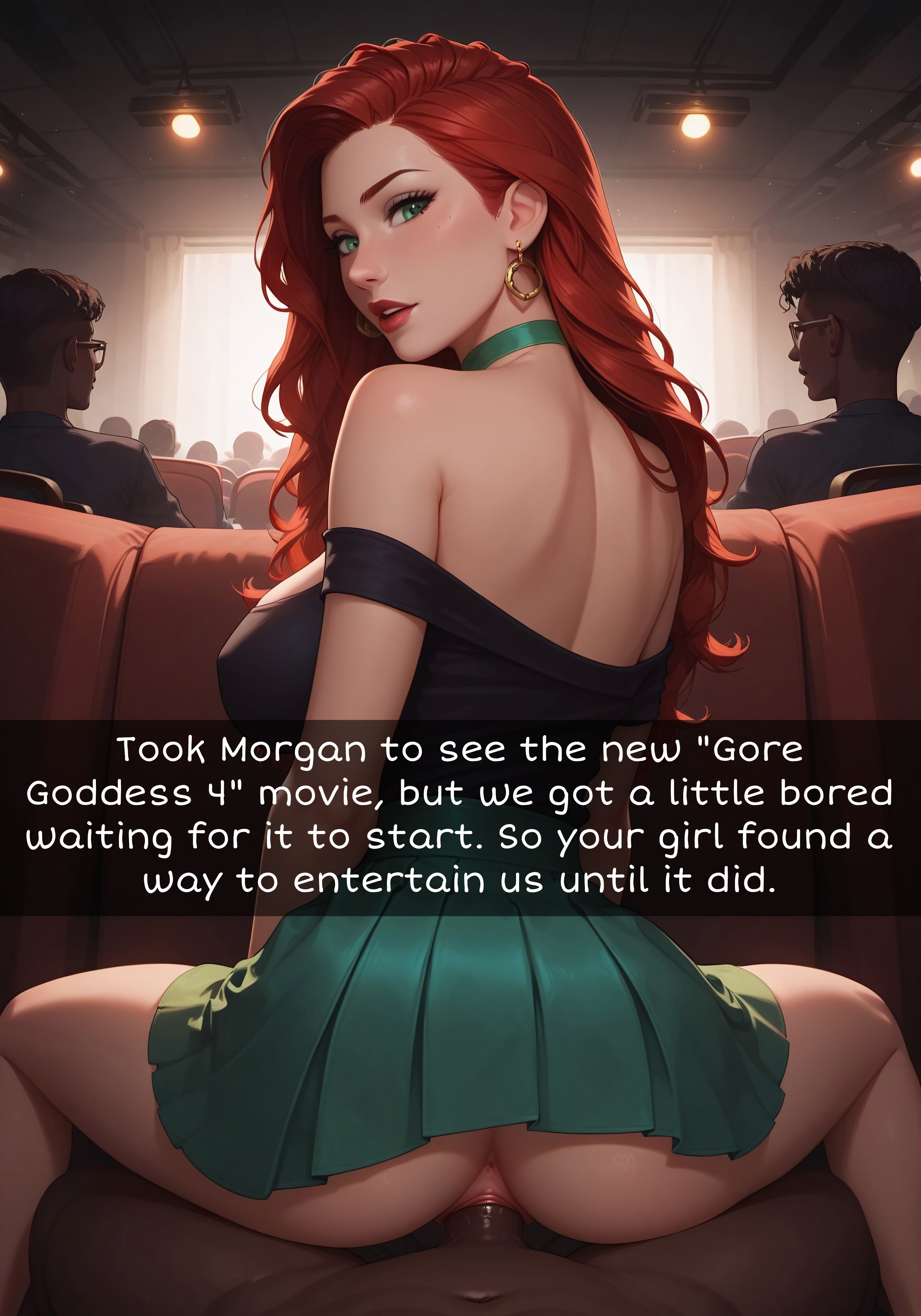 ai generated, breasts, caption, cheating, choker, clothed female, cuckold, dark skin, dark-skinned male, dialogue, english text, female, green eyes, human, human female, indoors, interracial, large breasts, light skin, light-skinned female, looking at viewer, looking back, male, male penetrating female, male/female, morgan bewick, movie theater, netorare, no panties, ntr, public, public sex, pussy, red hair, reverse cowgirl position, skirt, skirt up, smile, snapchat, vaginal penetration, vaginal sex