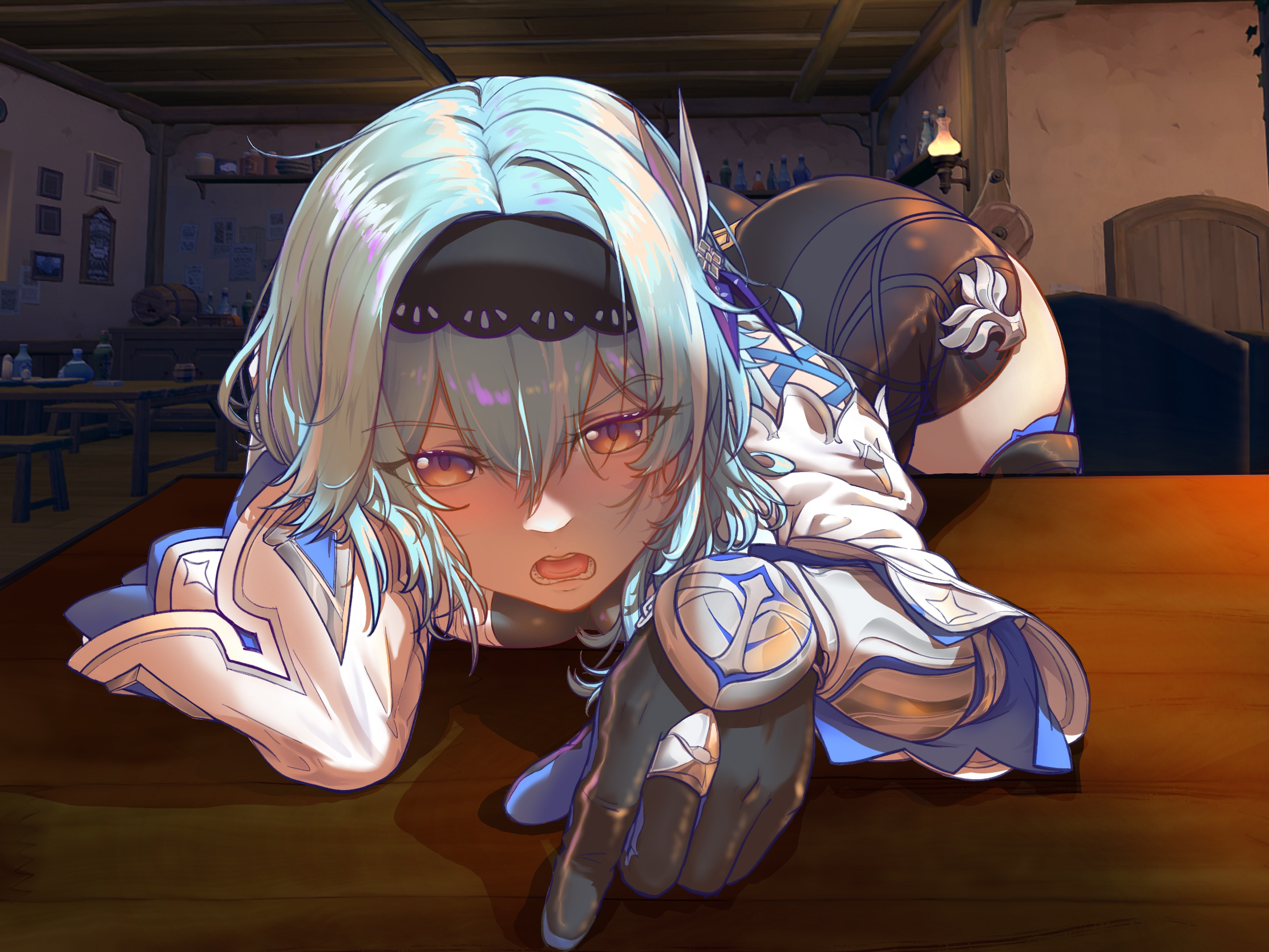 1girls, 2025, anime, ass, big ass, big butt, blush, booty, bubble ass, bubble butt, buttocks, chest, drunk, eula (genshin impact), female, firm ass, genshin impact, indoors, juicy ass, juicy butt, large ass, looking at viewer, round ass, sexy ass, straight, tavern, tight ass, voluptuous ass