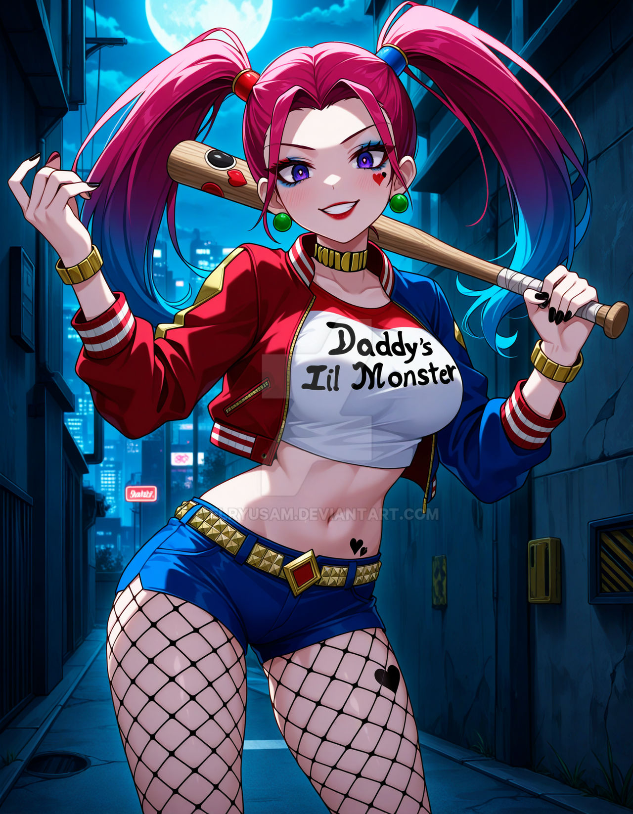 1girls, 2025, 4kids entertainment, ai generated, alley, anime, bat (object), batman (series), belly, black nails, cosplay, crossover, crossover cosplay, dc, dc comics, deviantart, drawing, elryusam, female, fishnets, green earrings, harley quinn, harley quinn (cosplay), jessie (pokemon), lipstick, meta, nail polish, nintendo, not porn, pink hair, pokemon, purple eyes, red lipstick, team rocket, tummy
