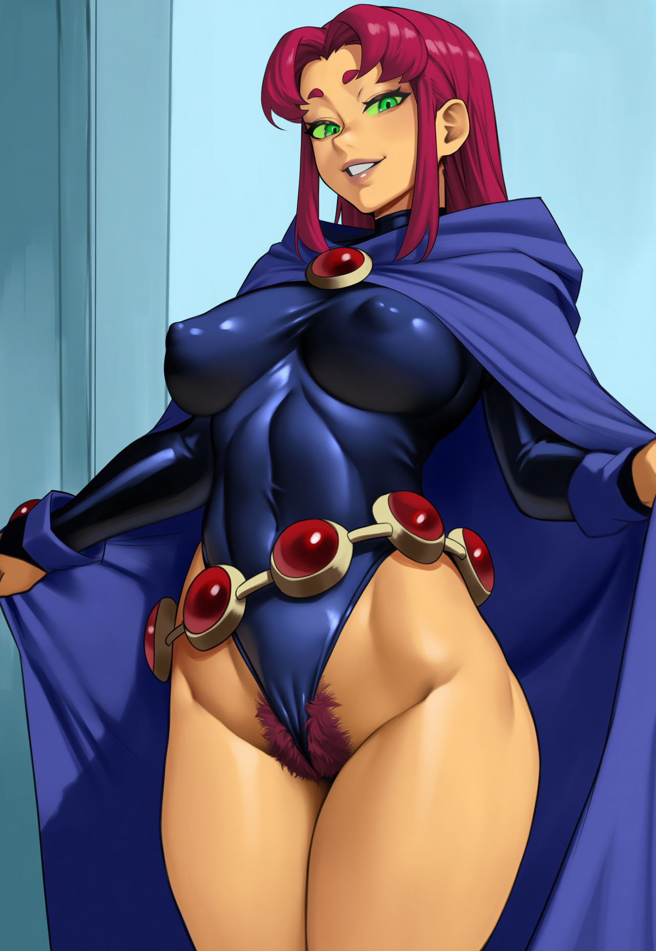 ai generated, alternate costume, cape, cosplay, dc, dc comics, excessive pubic hair, female, frontal wedgie, green eyes, green sclera, jagat ai, leotard, nipple bulge, nipples, nipples visible through clothing, pubic hair, smile, solo, solo female, starfire, teen titans, tight clothing, tight fit, toned, toned female