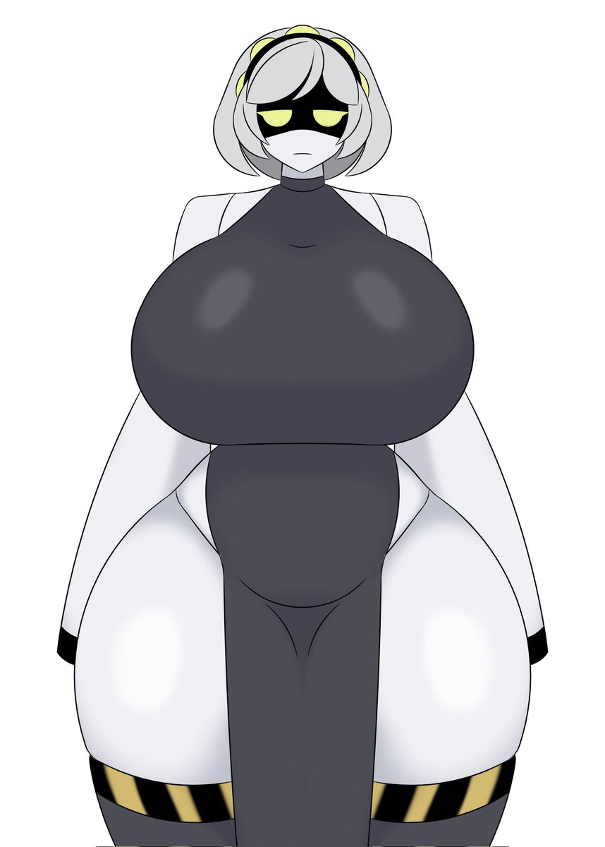 1girls, 2025, ass, big ass, big breasts, big butt, big thighs, black clothing, breasts, clothed, clothing, color, colored skin, delete alliance, disassembly drone, female, female only, gigantic ass, gigantic breasts, gigantic thighs, glitch productions, hands behind, high resolution, highres, hyper ass, hyper breasts, looking forward, murder drones, reupload, v (murder drones), white body, white hair, yellow eyes