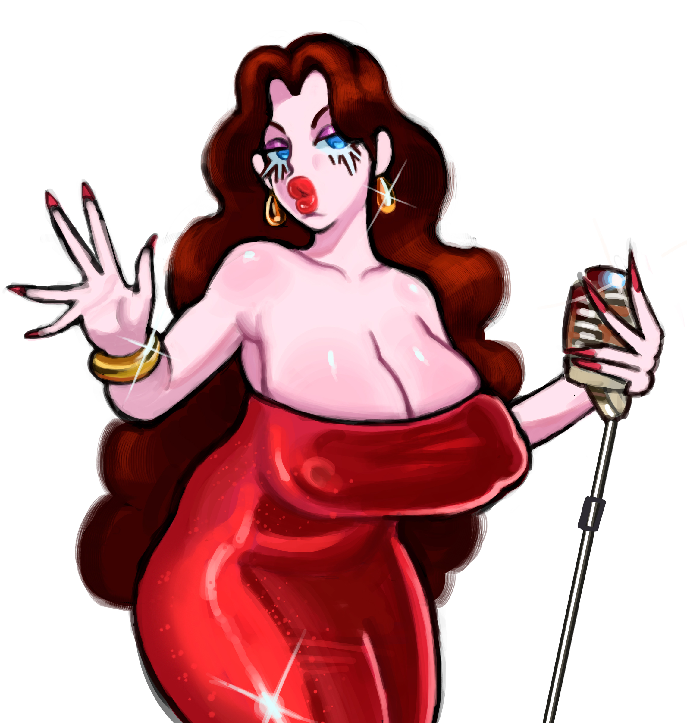 1girls, 2d, 2d artwork, adych, big breasts, big hips, big lips, big thighs, bimbo, bimbo lip, bimbo lips, blue eyes, bracelet, breasts, brown hair, brown-haired female, clothed, clothed female, clothes, clothing, color, cowboy shot, digital media, dress, ear piercing, ear ring, ear rings, earring, earrings, eyebrows, eyelashes, female, female only, fingernail polish, fingernails, fingers, hips, huge boobs, huge breasts, light body, light skin, light-skinned female, lips, lipstick, long hair, mario (series), microphone, nipple bulge, nipples, painted fingernails, painted nails, pale, pale body, pale skin, pale-skinned female, pauline, pauline (mario), pierced ear, pierced ears, piercing, piercings, ring (jewelry), rings, solo, tagme, thick hips, thick thighs, thighs, white background