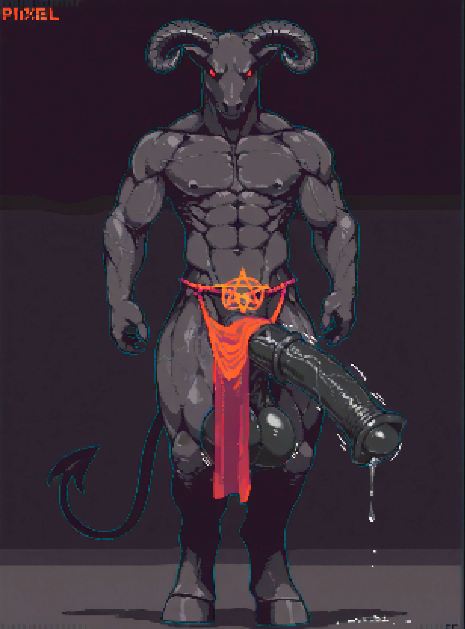 1boy, 2d, ai generated, animal genitalia, animal penis, athletic male, balls, balls full of semen, balls full of sperm, balls to knees, barely contained, black balls, black penis, colored, corrupter, demon, endless pleasure, equine genitalia, equine penis, evil eyes, extremely horny, fit male, flaccid, flaccid penis, flared penis, full body, genital growth, grey skin, hard cock, hard penis, heavy balls, heavy penis, hooves, horns, horny, horse penis, horsecock, hot precum, huge balls, huge cock, huge testicles, loincloth, m.g.t.o.w., male, male only, motion lines, muscular, muscular male, nonstop pleasure, original character, overwhelming pleasure, penis, penis growth, penis longer than knee, pixel art, pleasure, portrait, precum, red eyes, sagging balls, scented balls, scented penis, solo, solo male, spontaneous erection, standing, strong cock, symbol, tail, testicles, text, throbbing penis, uncensored, veiny penis