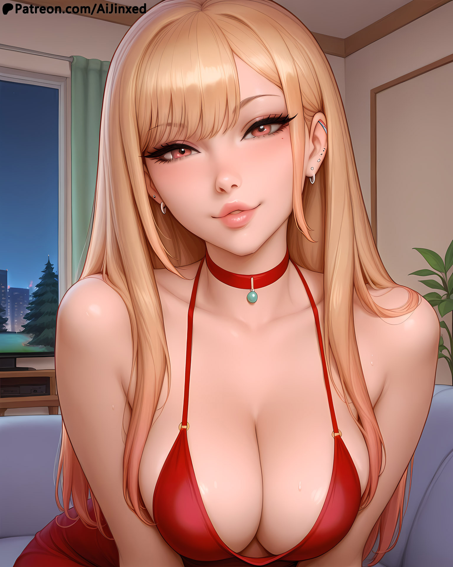 1girls, ai assisted, ai generated, aijinxed, blonde female, blonde hair, blush, breasts, choker, cleavage, dress, dressed, earrings, female, jewelry, kitagawa marin, leaning forward, light smile, long hair, looking at viewer, marin kitagawa, my dress up darling, no bra, parted lips, patreon, patreon link, patreon url, patreon username, red dress, smile, sono bisque doll wa koi wo suru, tease