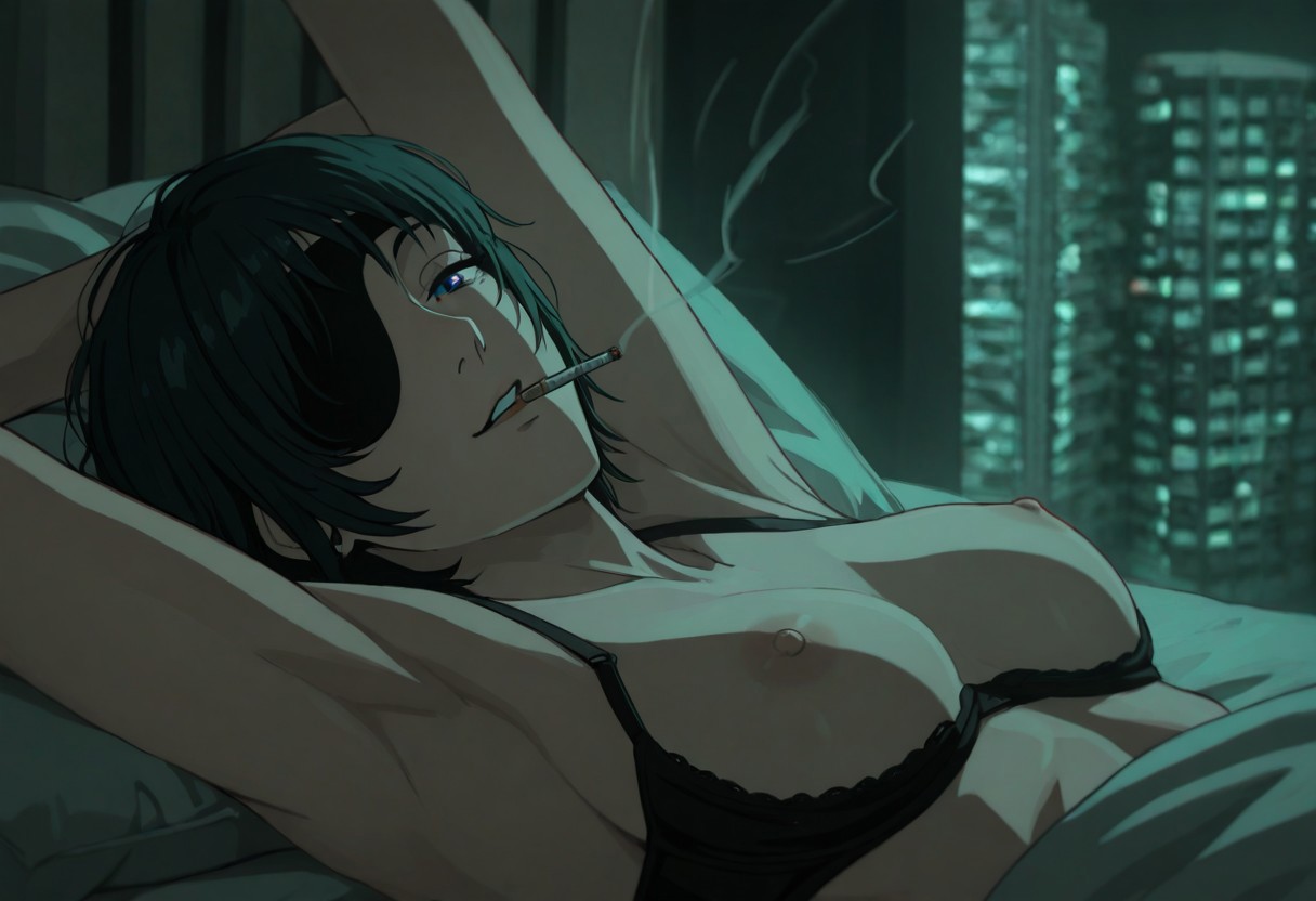 ai generated, areola, areolae, armpits, arms, arms above head, arms up, bed, bedroom, black hair, black-haired female, blue eyes, bra, breasts, breasts out, chainsaw man, cigarette, city, cityscape, dark hair, eyepatch, female, female focus, female only, himeno (chainsaw man), laying down, laying on back, laying on bed, looking at viewer, naked, naked female, nipples, nordinex5, nude, nude female, perfect body, seductive, seductive gaze, seductive look, seductive pose, smoking, solo, solo female, solo focus, stable diffusion, tits out, toned body, toned female