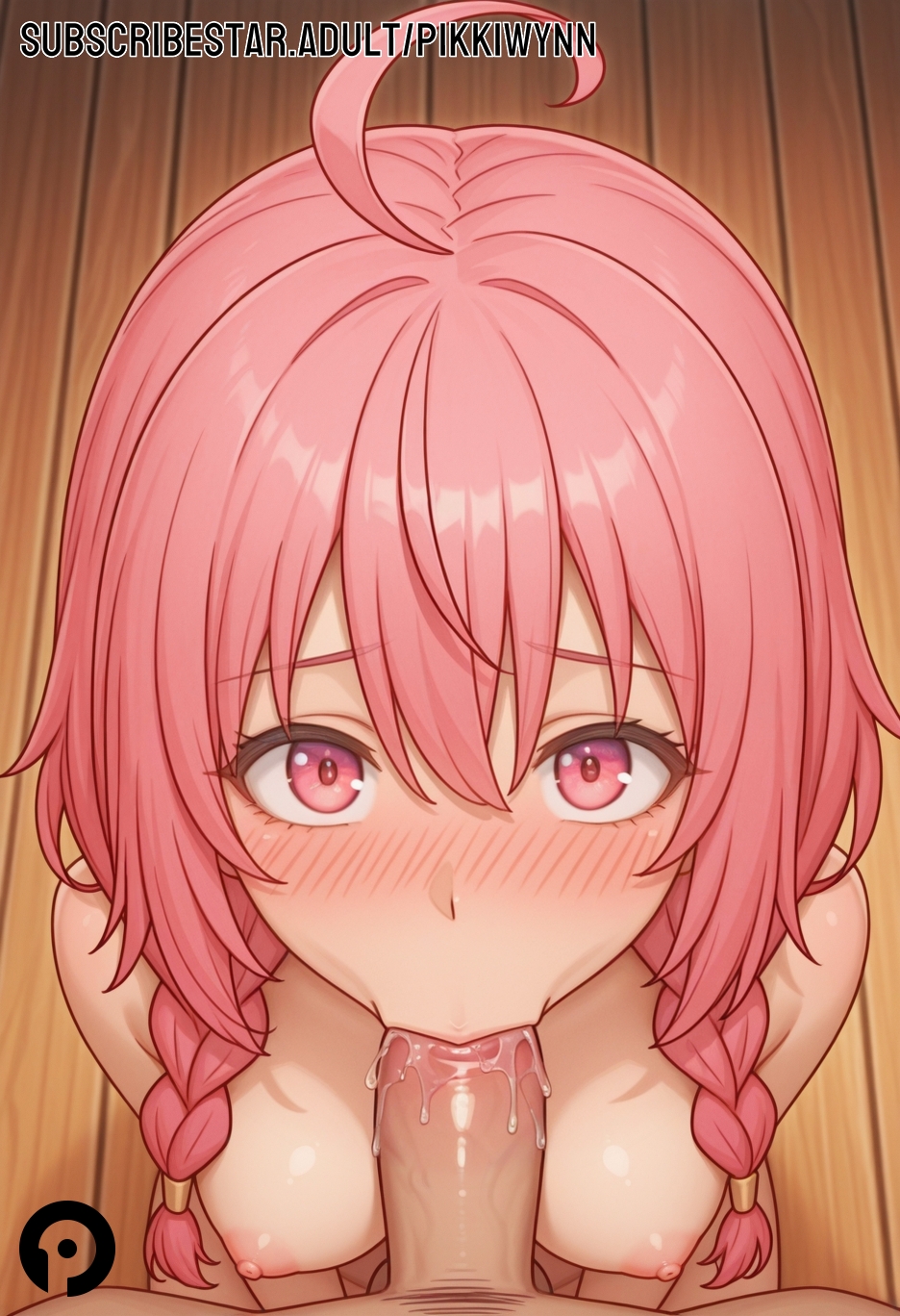 1boy :>= ahoge ai_generated blush braid breasts completely_nude fellatio female from_above hair_between_eyes kage_no_jitsuryokusha_ni_naritakute! long_hair looking_at_viewer medium_breasts nipples nude oral penis pikkiwynn pink_eyes pink_hair pov sherry_barnett solo_focus straight the_eminence_in_shadow twin_braids uncensored wooden_floor