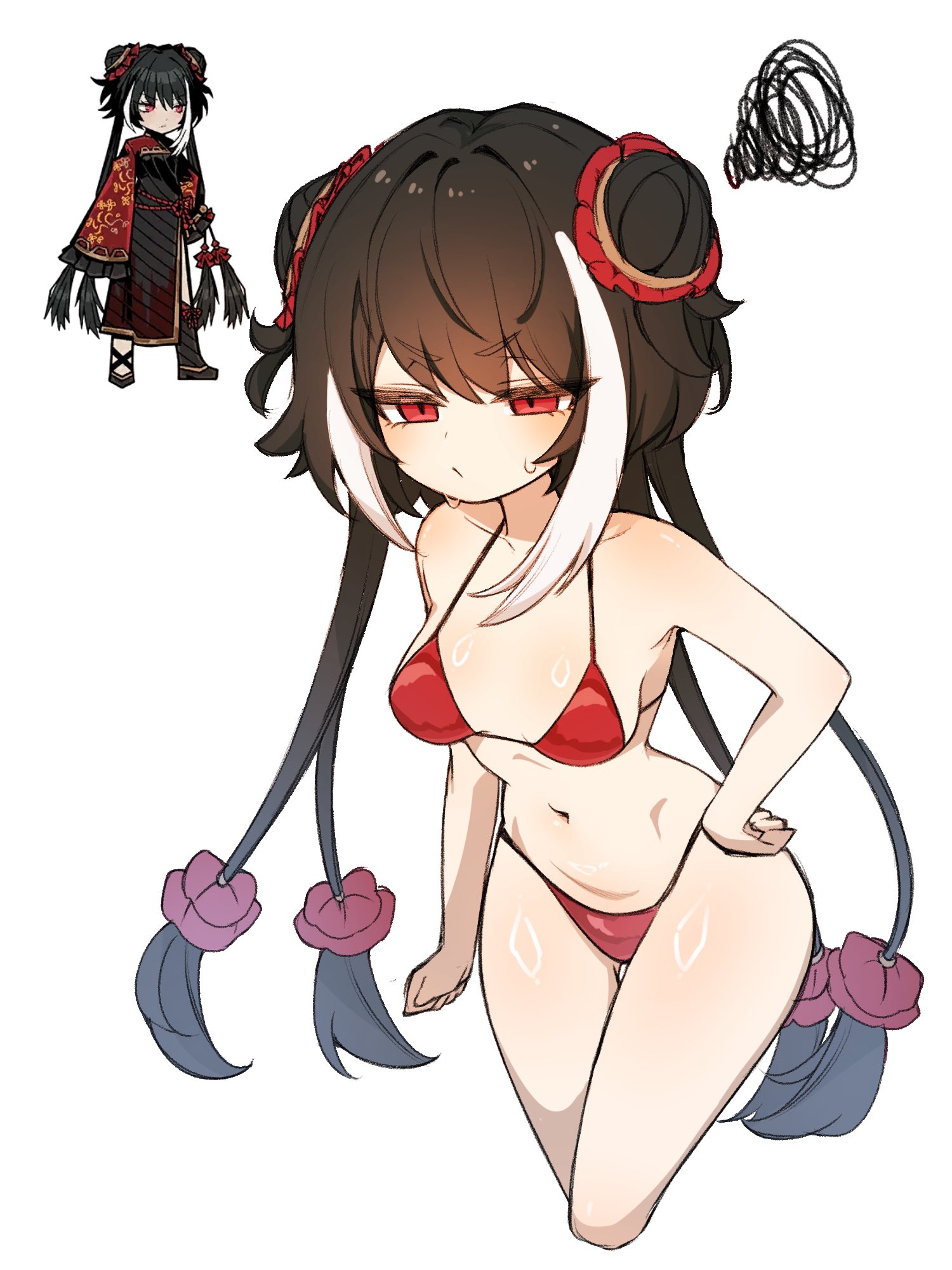 1girl, annoyed, bikini, black hair, collarbone, double bun, hair bun, halterneck, hand on own hip, highres, jia xichun (project moon), limbus company, looking at viewer, multicolored hair, multiple views, navel, official art insert, project moon, red bikini, red eyes, simple background, squiggle, streaked hair, swimsuit, two-tone hair, v-shaped eyebrows, white background, white hair