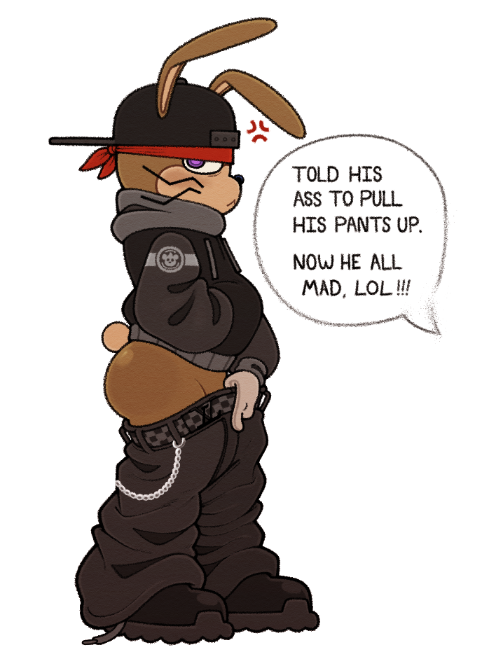 2024 angry anthro ass backwards_baseball_cap backwards_hat baseball_cap belt bottomwear bottomwear_down brown_body brown_eyes bubble_butt chains clothed clothing cross-popping_vein dialogue digital_media_(artwork) english_text exposed_ass exposed_butt eyelashes eyeliner femboy five_nights_at_freddy's five_nights_at_freddy's:_help_wanted flat_cap footwear glitchtrap gloves hand_in_pocket handwear hat headgear headwear hood hoodie kerchief lagomorph leporid looking_at_viewer lowered_pants makeup male mammal mascara multicolored_body nanocorpx narrowed_eyes no_underwear offscreen_character oversized_bottomwear oversized_clothing oversized_pants pants pants_down partially_clothed pockets presenting presenting_hindquarters purple_eyes rabbit rabbit_ears scut_tail shoes short_tail simple_background solo speech_bubble tail text topwear two_tone_body whiskers white_background white_clothing white_gloves white_handwear