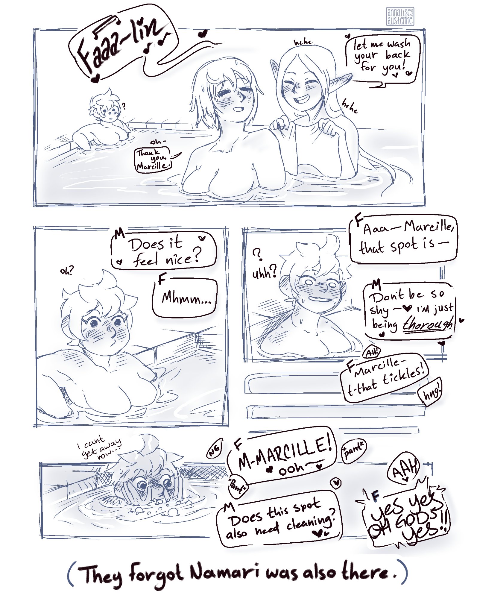 ?, 3girls, accidental circumstance, annaliseaustenn, artist name, bathing, bathing together, big breasts, blonde hair, blush, blushing profusely, breasts, chibi, cleavage, closed eyes, closed eyes smile, comic, completely nude, dated, dialogue, dungeon meshi, dwarf, dwarf female, ear blush, elf ears, elf female, embarrassed, english text, falin touden, fanon couple, farcille, female, full-face blush, greyscale, half-elf, happy sex, heart, hiding, hot spring, humor, implied sex, large breasts, long hair, marcille donato, monochrome, namari (dungeon meshi), nude, partially submerged, pointy ears, question, question mark, romantic, romantic couple, sitting, smile, speech bubble, spoken heart, staring, surprised, sweat, teasing, watermark, wholesome, wide eyed, yuri