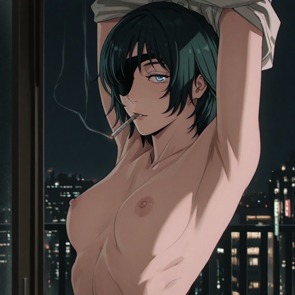 ai generated, areola, areolae, armpits, black hair, black-haired female, blue eyes, boobs, breasts, breasts out, chainsaw man, city, cityscape, dark hair, eyepatch, female, female focus, female only, himeno (chainsaw man), light skin, light-skinned female, looking at viewer, naked, naked female, nipples, nordinex5, nude, nude female, pale skin, pale-skinned female, perfect body, short hair, smoking, smoking cigarette, solo, solo female, solo focus, stable diffusion, taking off shirt, tits, tits out, undressing, upper body