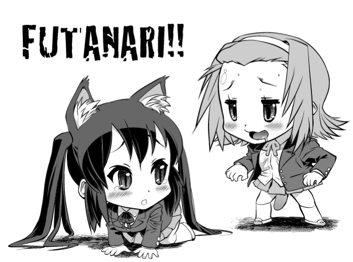 :o all_fours animal_ears azusa_nakano_(k-on!) blush cat_ears chibi cosine drooling futanari hairband human human_only intersex k-on! long_hair monochrome penis ritsu_tainaka_(k-on!) saliva school_uniform short_hair skirt tear tied_hair twintails