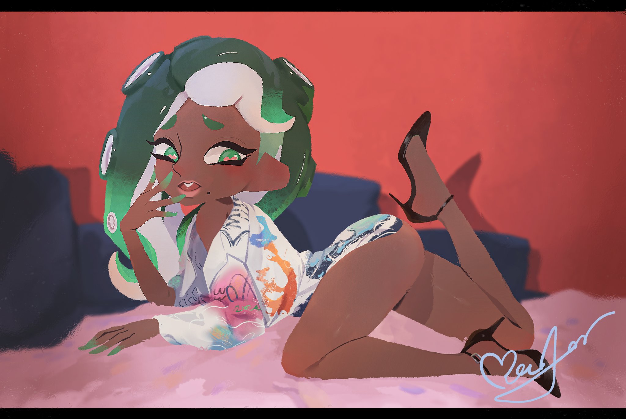 1girls, ass, bottomless, bottomless female, calves, dark skin, dark-skinned female, female, female focus, female only, hand over mouth, heels, laying down, laying on stomach, leg up, looking back, marina (splatoon), mole, mole under mouth, nintendo, octoling, open mouth, posing, shirt, side view, solo, solo female, solo focus, splatoon, splatoon (series), surprised expression, tentacle hair, thighs, twitter link, zhang tian57284