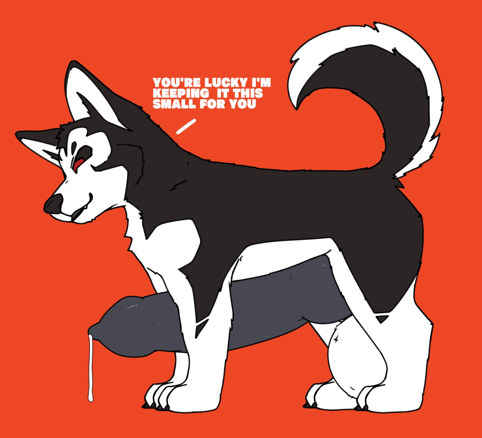 all_fours balls big_balls big_penis black_body black_fur black_hair bodily_fluids canid canine canis claws cum cum_drip dergsalot dialogue domestic_dog dripping fangs feral fur genital_fluids genitals hair huge_balls huge_cock husky hyper hyper_balls hyper_genitalia hyper_penis knot male mammal nordic_sled_dog penis precum raised_tail red_eyes simple_background solo spitz tail teeth toothy_grin white_body white_fur white_hair youtuber zaidra