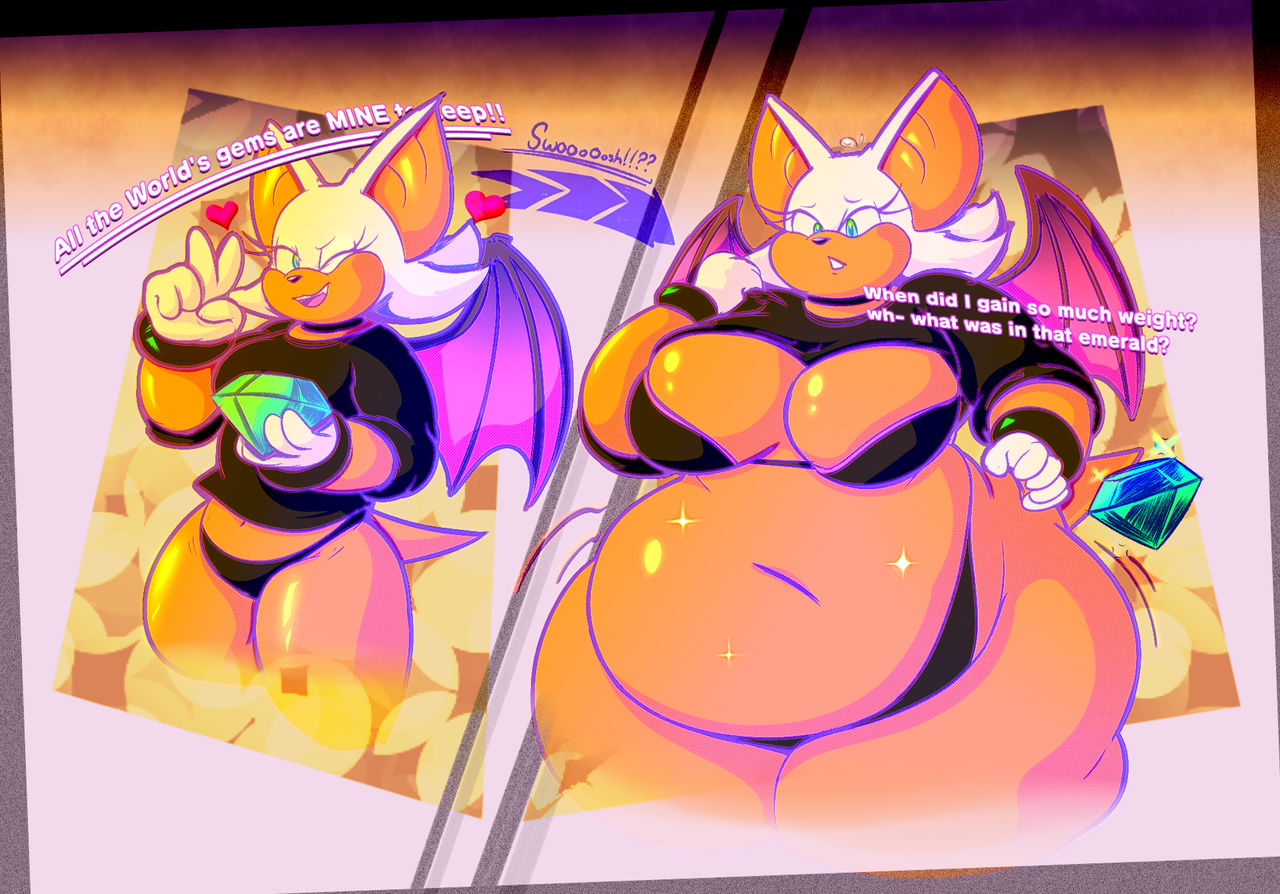 1girls, anthro, ass, ass expansion, bat, bat wings, bbw, before and after, belly, blue eyes, bra, breast expansion, breast growth, breast growth (enlargement), breasts, cleavage, english text, fat, female, female focus, female only, furry, gem, gloves, hips, large breasts, nobody-64, overweight, overweight female, panties, rouge the bat, sega, sonic (series), sonic the hedgehog (series), stomach, text, thick thighs, thighs, underwear, weight gain, white hair, wide hips, winking, winking at viewer