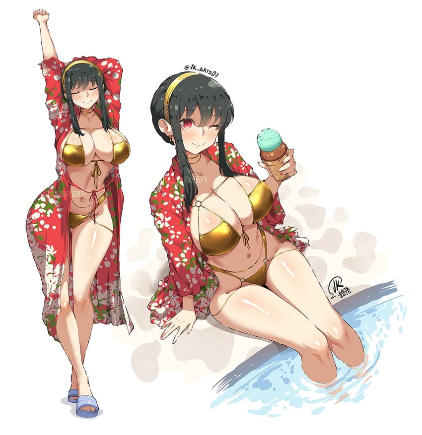 1girls, arm up, big breasts, bikini, black hair, breasts, closed eyes, cowboy shot, eyepatch bikini, female, female human, fit female, gold bikini, gold hairband, golden bikini, hairband, hourglass figure, human, jk arts, jk arts07, large breasts, legs in water, light-skinned female, mature female, navel, pale-skinned female, pool, short hair, slim waist, smile, solo, spy x family, stomach, swimsuit, swimsuit cover-up, thick thighs, thighs, twitter username, wide hips, winking, winking at viewer, yor briar, yor forger
