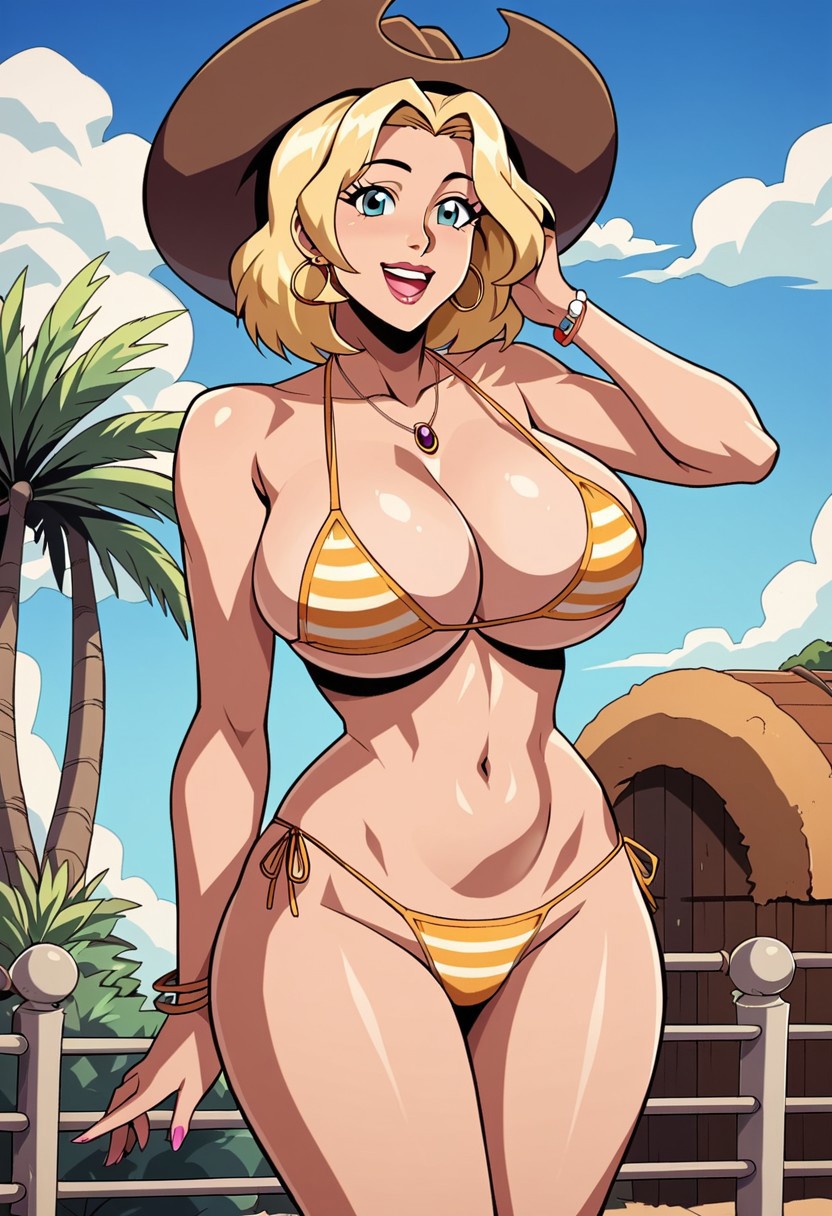 1girls ai_generated bare_arms beach beach_background big_breasts big_breasts bikini bikini_bottom bikini_top blonde_hair bra breasts breasts cowboy_hat creature_commandos curvaceous curvaceous_female curvaceous_figure curvy curvy_figure dc_comics earrings exposed_shoulders female female female_focus female_only happy hat ilana_rostovic jewelry large_boobs large_breasts large_hips necklace ocean outdoors outside palm_tree panties short_hair smile solo solo_female solo_focus standing swimsuit voluptuous voluptuous_female zupern0va_(manipper)