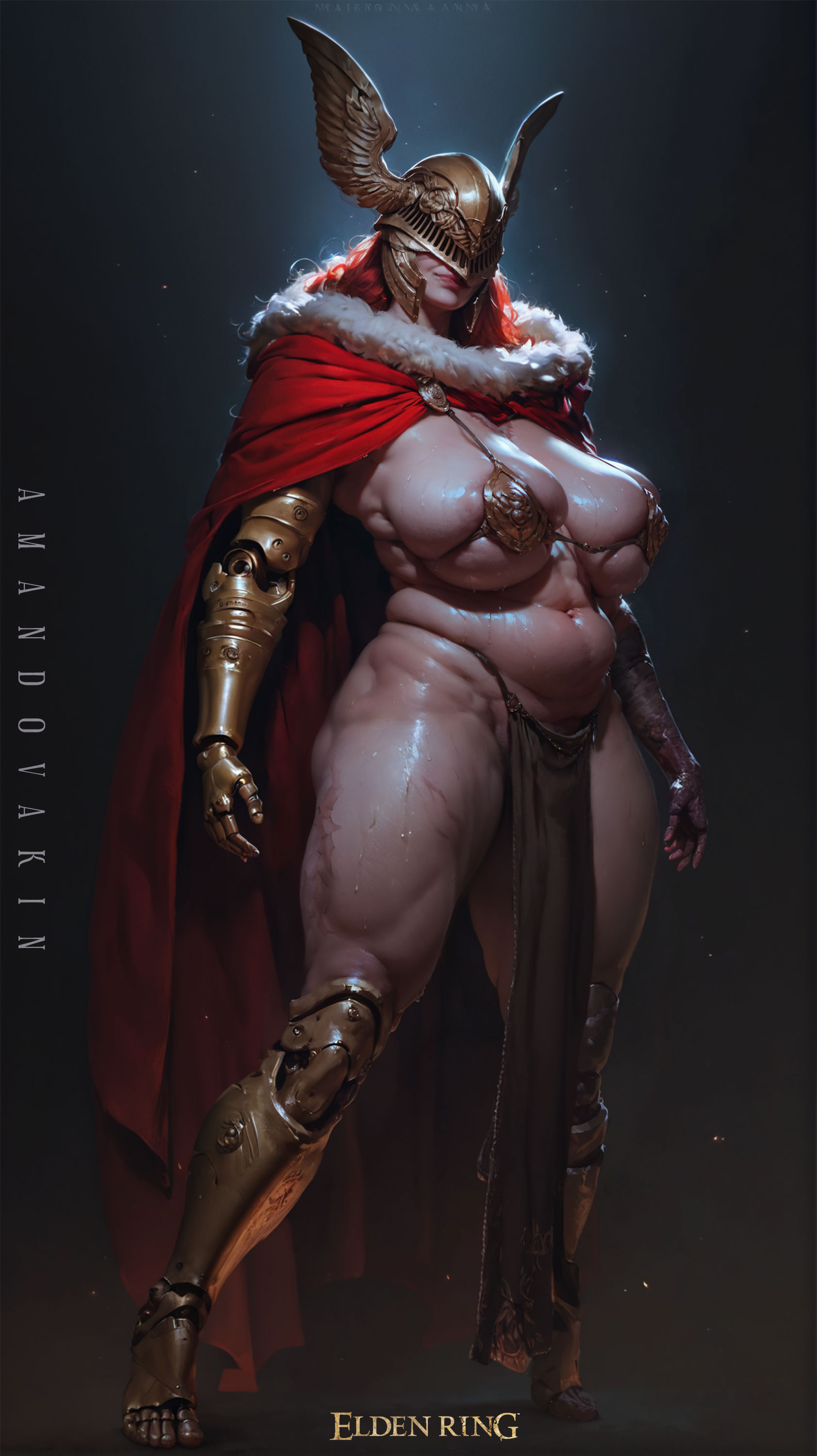 ai generated, amandovakinai, bbw, bikini armor, breasts, chubby, chubby female, cloak, elden ring, fantasy, female, female only, fromsoftware, gold armor, gold helmet, helmet, hips, huge breasts, light skin, light-skinned female, loincloth, malenia blade of miquella, muscular, muscular female, red cloak, skimpy, skimpy armor, solo, solo female, thick thighs, thighs, warrior, wide hips