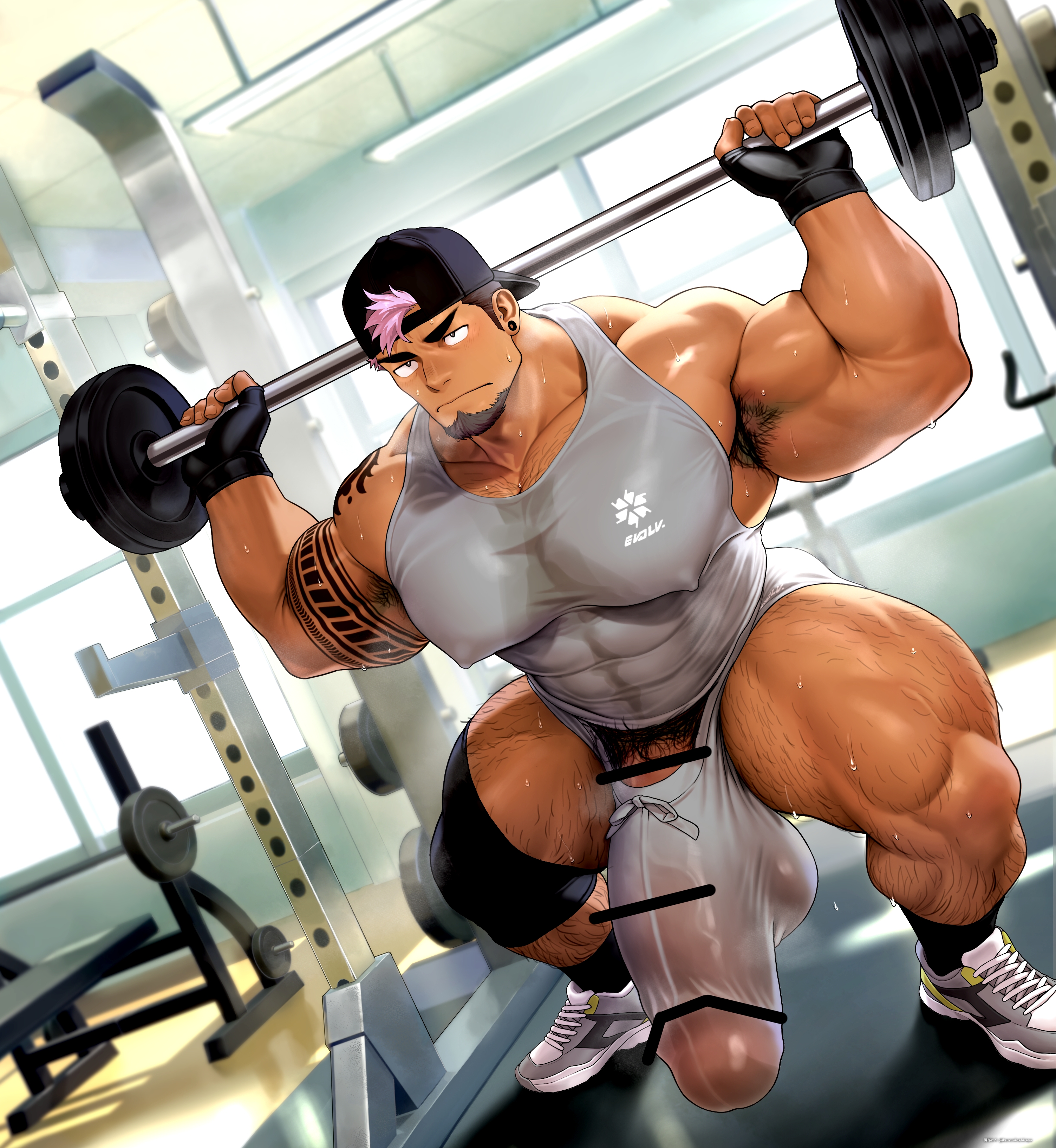 abs, armpit, armpit hair, balls, bara, beard, biceps, big cock, big muscles, big pecs, big penis, blush, bodybuilder, bulge, censored, flaccid, gym, hairy, hairy armpits, hairy male, hairy thighs, heavy balls, high resolution, highres, huge cock, hyper, hyper balls, hyper genitalia, hyper penis, hyper testicles, kuromine hiraya, large balls, large cock, large penis, large testicles, leg hair, looking at penis, male, male only, massive balls, massive cock, massive penis, muscles, muscular, muscular male, muscular thighs, musk, nipples, pecs, penis, penis down, pubic hair, solo, solo male, squat, sweat, sweating, tan skin, testicles, thick thighs, veins, veiny muscles, workout, yaoi, yuatari
