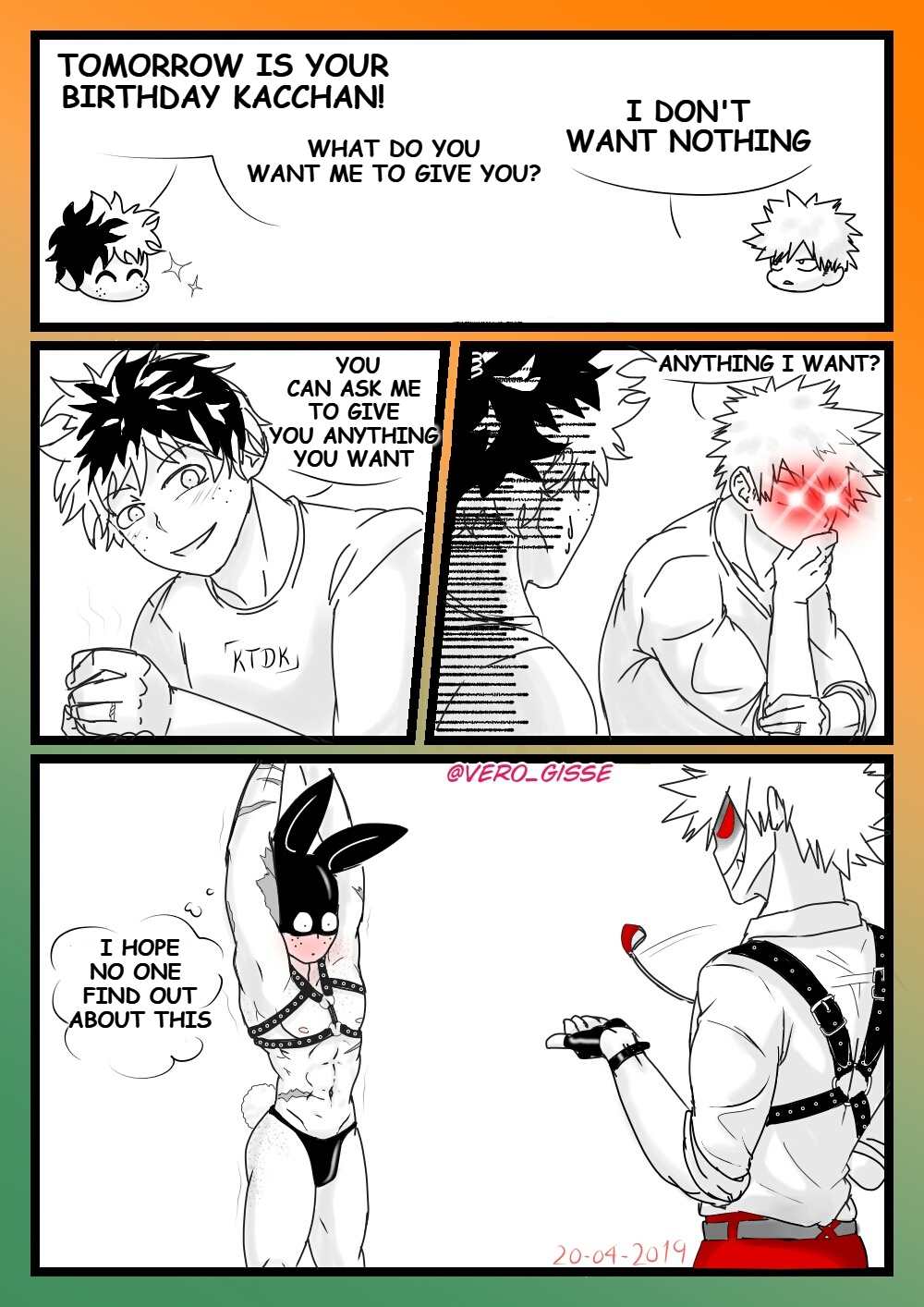 4koma armpits bakudeku bakugou_katsuki bare_legs birthday birthday_present blush boku_no_hero_academia bones_(company) bunny_mask bunny_tail curly_hair english_text evil_eyes evil_grin evil_smile freckles freckles_on_ass frizzy_hair grin izuku_midoriya katsuki_bakugou legs masochism messy_hair midoriya_izuku muscular pectorals present sado_masochism scar scar_on_arm scar_on_bodyabs shounen_jump smile spiked_hair teen teenage teenage_boy teenager thong vero_gisse whip yaoi