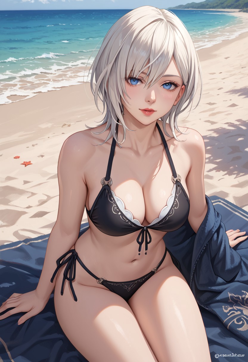 ai_generated beach bikini black_bikini blue_eyes female looking_at_viewer medium_breasts medium_hair nier nier_reincarnation pale pale-skinned_female sitting white_hair yorha_10h