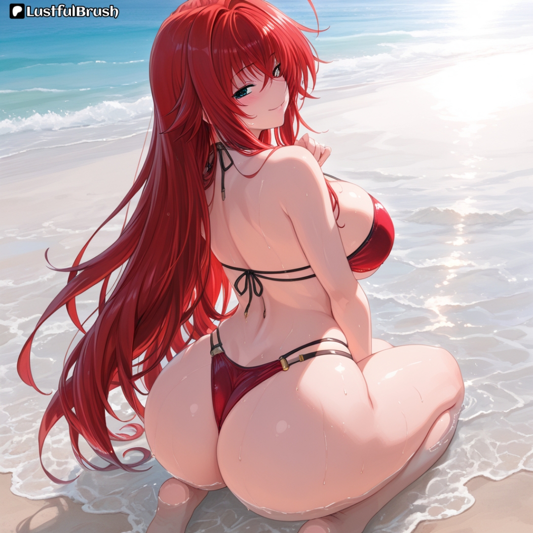 ai generated, ass, beach, bikini, breasts, female, female only, high school dxd, huge ass, huge breasts, lustfulbrush, perfect body, rias gremory, round ass, round butt