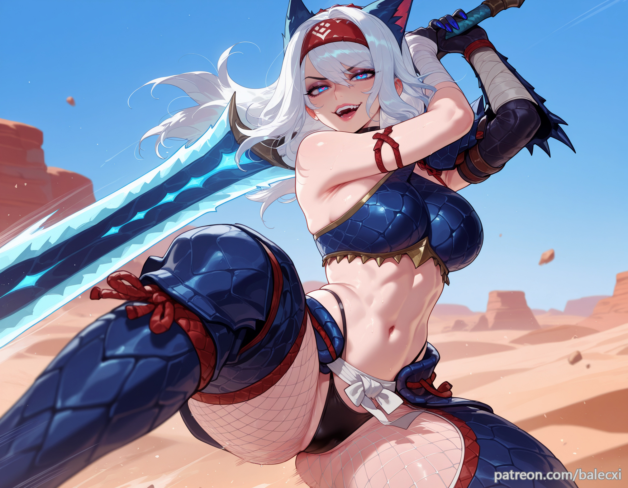 ai generated, animal ears, armor, ashe (league of legends), balecxi, bandaged arm, black panties, blue eyes, breasts, female, fishnet pantyhose, fishnets, hairband, holding, holding sword, holding weapon, large breasts, league of legends, long hair, looking at viewer, monster hunter (character), navel, open mouth, pantyhose, patreon username, smile, solo, sword, thighs, underwear, weapon, white hair