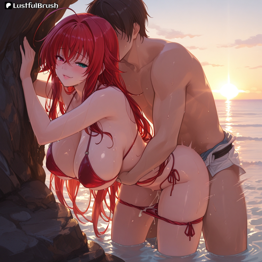 1boy, 1girls, against rock, ai generated, beach, bikini, breasts, evening, female, high school dxd, huge breasts, lustfulbrush, male, perfect body, rias gremory, standing doggy style, standing sex, sunset