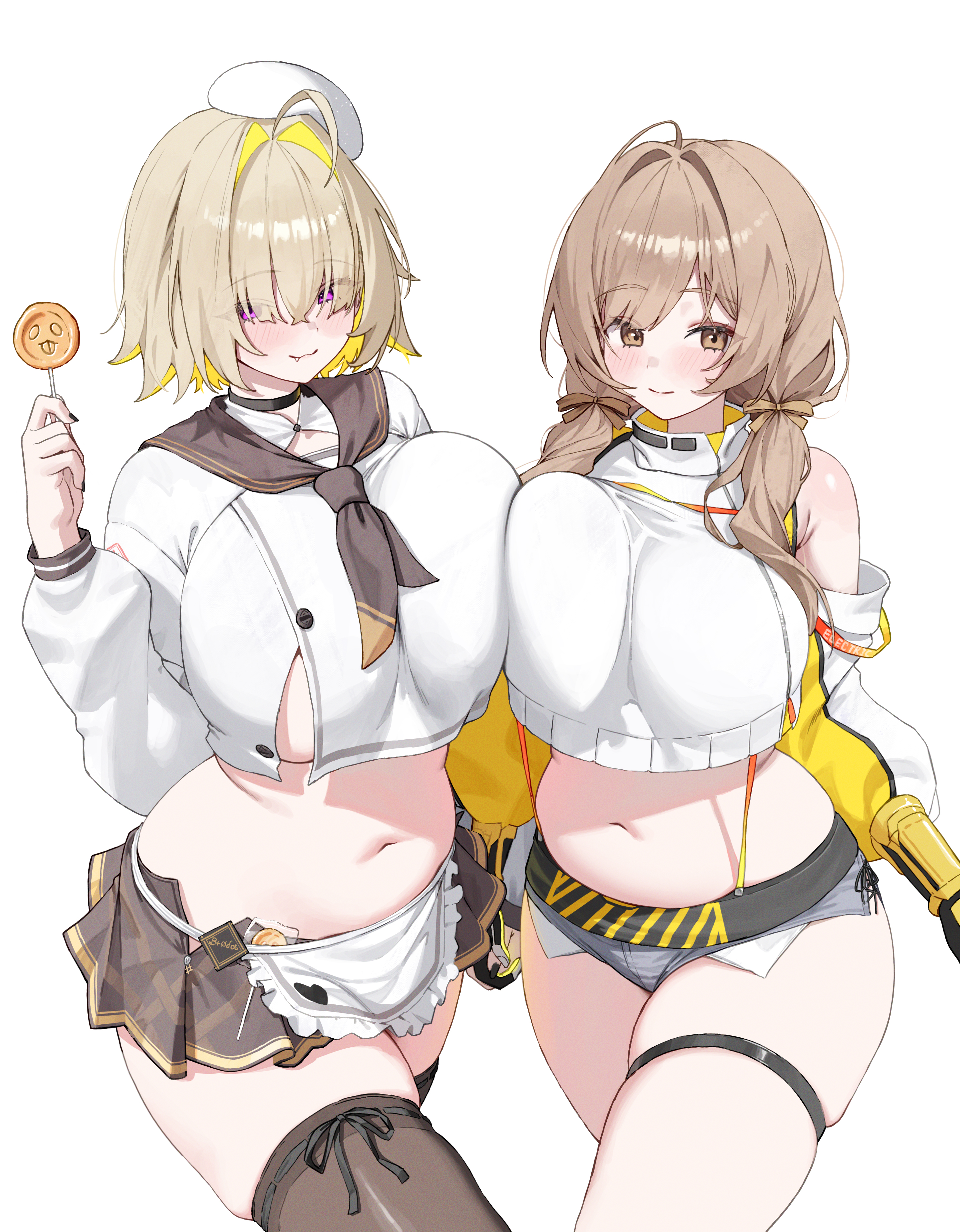 :3, 2girls, absurd res, big breasts, blonde hair, blush, bready (nikke), bready (nikke) (cosplay), breasts, brown eyes, brown hair, chubby, chubby female, clothed, clothing, cosplay, cropped sweater, cute fang, digital media (artwork), duo, elegg (nikke), elegg (nikke) (cosplay), eyebrows, eyebrows visible through hair, eyelashes, eyes visible through hair, female, female focus, female only, food, glistening, glistening body, goddess of victory: nikke, hair over eyes, headgear, headwear, hi res, holding food, holding lollipop, hourglass figure, huge breasts, light skin, light-skinned female, lollipop, looking at viewer, motion lines, nail polish, nikku nana, purple eyes, twitter link, video games, voluptuous, voluptuous female, wide hips