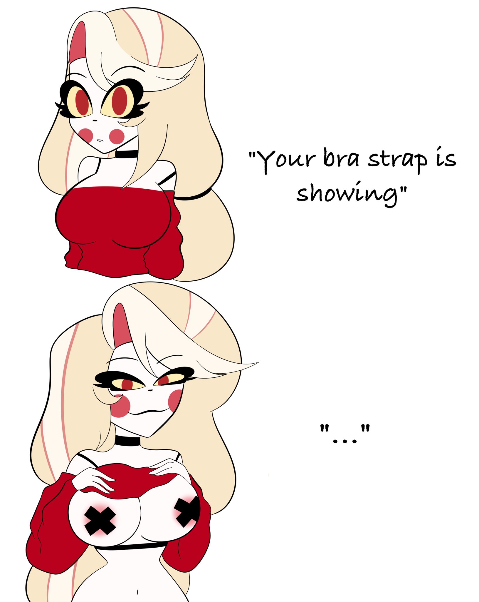 1girl, 1girls, amazon prime, big breasts, bra, bra strap is showing (meme), charlie morningstar, charlie morningstar (hazbin hotel), flashing, hazbin hotel, hazbin hotel (season 2), hellaverse, illusion, jeny 312, long hair, pasties, pasties exposed, pasties under clothes, red cheekdots, red cheeks, red clothing, red eyes, spindlehorse toons, standing, standing up, tricked, twitter, very long hair, vivienne medrano, vivziepop