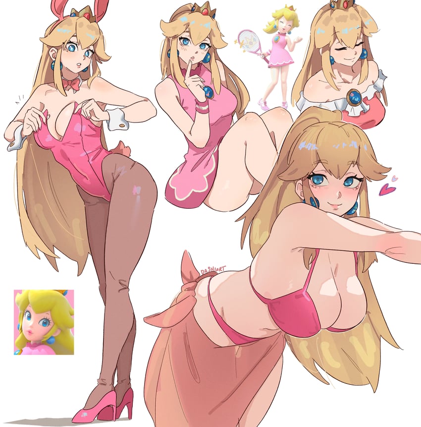 animal ears, bare shoulders, bikini, black pantyhose, blonde female, blonde hair, blue eyes, bow, bowtie, breasts, bunny ears, bunny tail, bunnysuit, cleavage, closed eyes, closed mouth, crown, dashi art, dress, earrings, female, gloves, high heels, jewelry, large breasts, leotard, looking at viewer, mario (series), mario tennis, multiple views, nintendo, open mouth, pantyhose, pink bikini, pink bow, pink leotard, pink pantyhose, princess peach, princess peach (swimwear), princess peach (tennis), rabbit ears, rabbit tail, super mario bros., tail