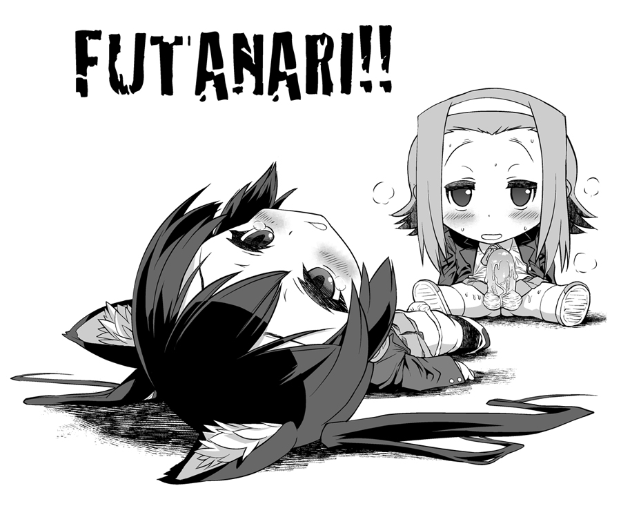 after_sex animal_ears azusa_nakano_(k-on!) blush cat_ears chibi cosine futanari human human_only intersex k-on! long_hair monochrome panties penis ritsu_tainaka_(k-on!) school_uniform short_hair tear tied_hair twintails underwear