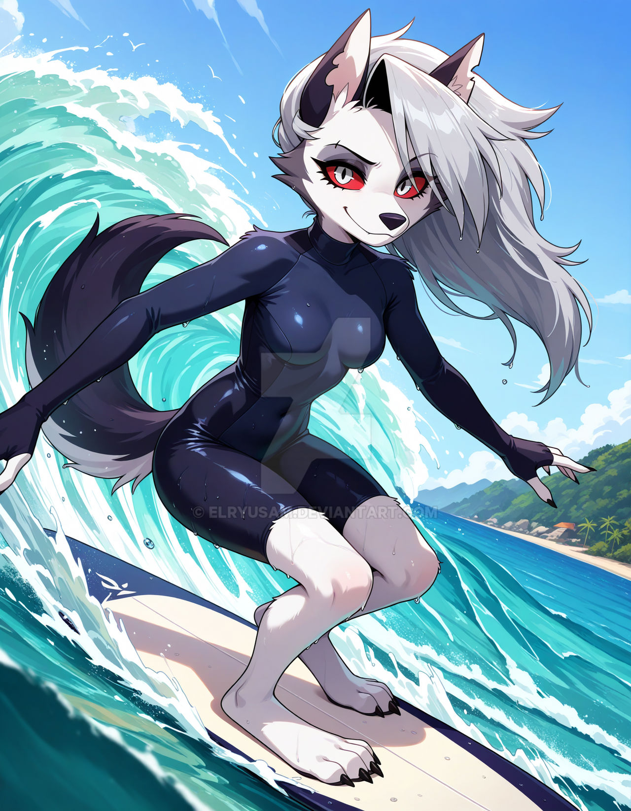 2025 ai_generated barefeet barefoot beach deviantart drawing elryusam evil_smile helluva_boss looking_at_viewer loona_(helluva_boss) meta not_porn ocean scheming sky_background smile_at_viewer smiling_at_viewer sun surf_girl surfer_girl surfing_girl vivziepop water waves wetsuit youtube