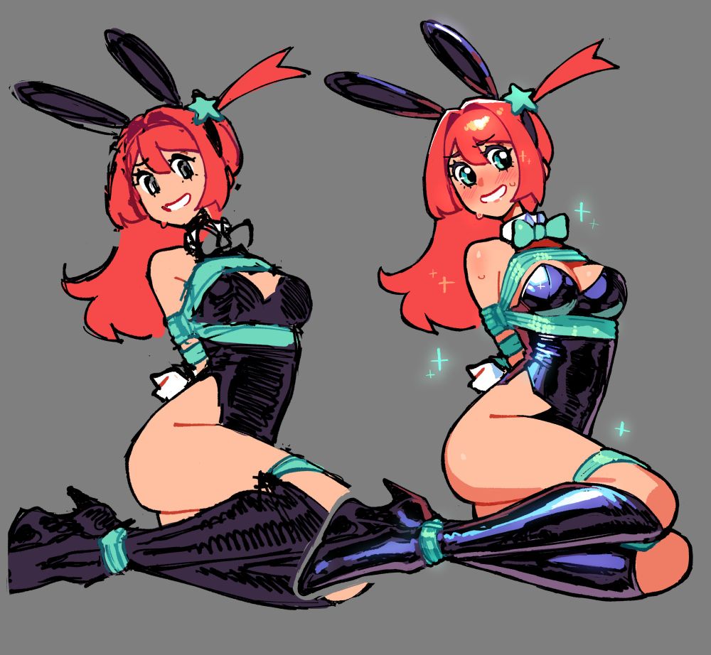1girls blush bondage breasts bunny_ears bunny_tail bunnysuit embarrassed female green_eyes heels kaatokunart long_hair lyra_(kaatokunart) oc orange_hair ponytail red_hair smile star thighs