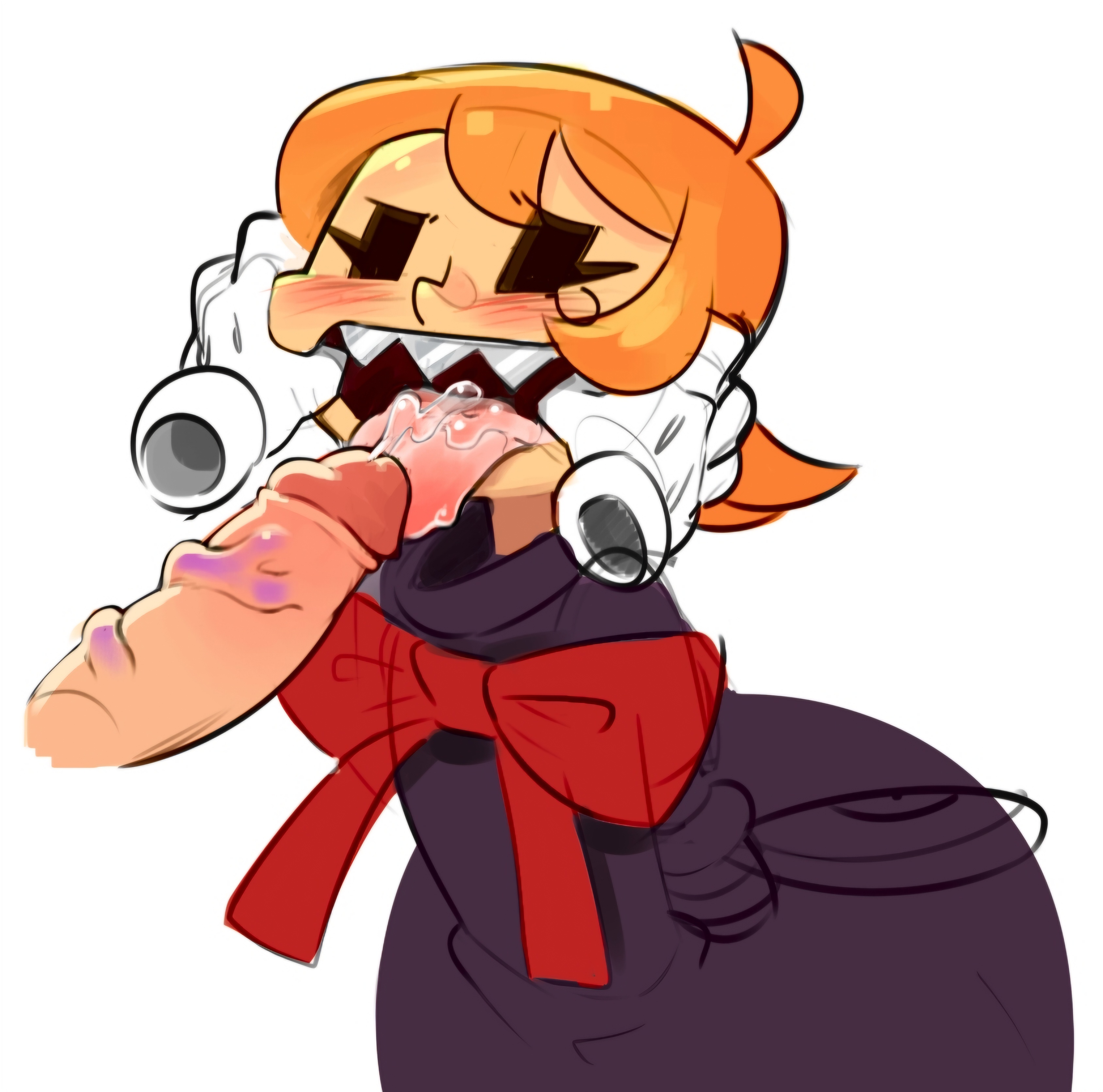 1boy, 1girls, blowjob, blush, blushing, clothing, cum, cum in mouth, disembodied hand, female, highres, human, male, male/female, minus8, no eyes, open mouth, oral, orange hair, peacock (skullgirls), penis, sex, sharp teeth, skullgirls, straight, tagme, tongue, tongue out, veiny penis