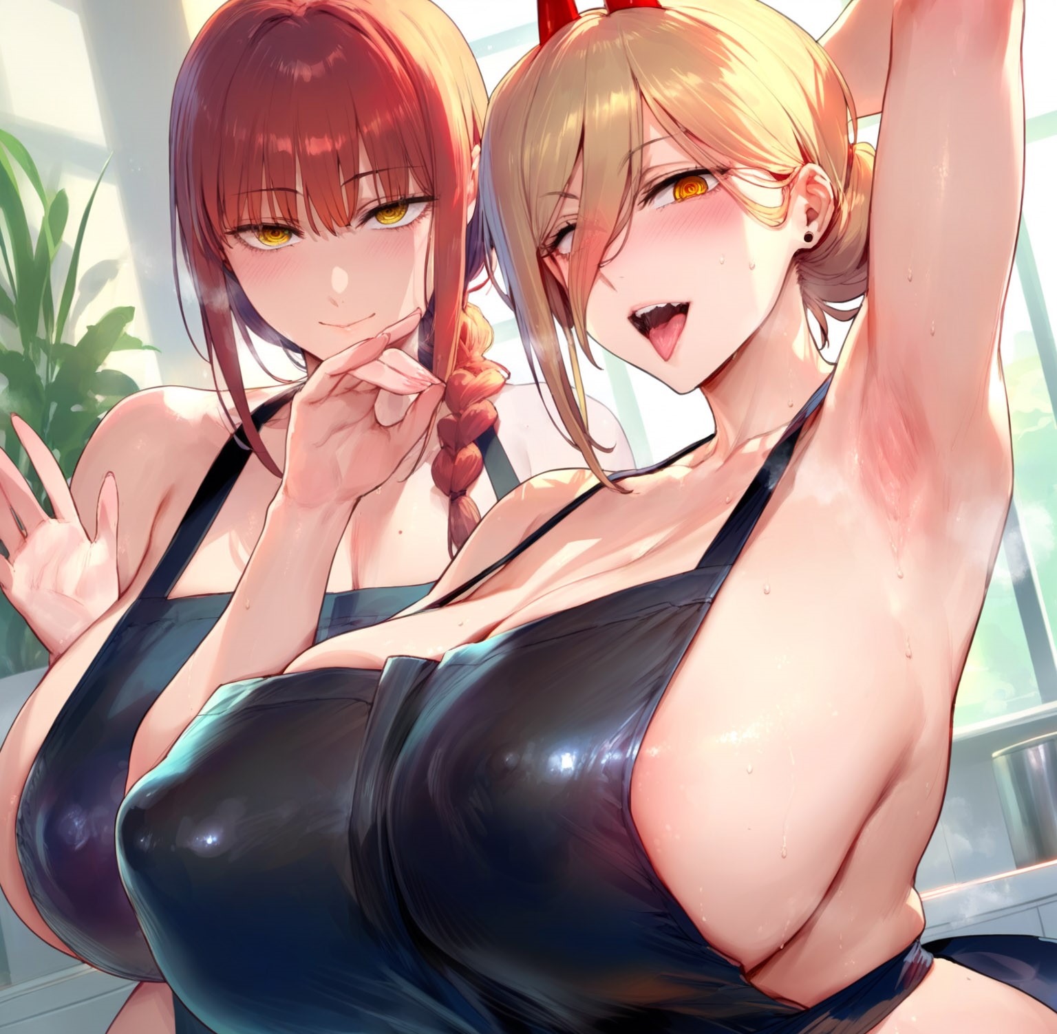 1girls, 2girls, ai generated, armpit, armpits, bangs, bare shoulders, black swimsuit, blonde hair, blush, braid, braided ponytail, breasts, chainsaw man, cleavage, collarbone, covered nipples, eyebrows visible through hair, fellatio gesture, female, fourina, hair between eyes, huge breasts, kitchen, large breasts, long hair, looking at viewer, makima (chainsaw man), mature female, naked apron, naughty face, one-piece swimsuit, open mouth, power (chainsaw man), smile, sweat, swimsuit, tongue, tongue out, yellow eyes